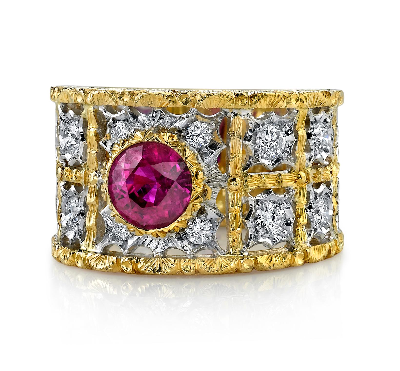 This spectacular ruby and diamond band has all the hallmarks of a timeless piece of heirloom jewelry. Made in Italy of 18k yellow and white gold, this ring features a superfine Burmese color ruby weighing 1.68 carats, set in a beautifully detailed