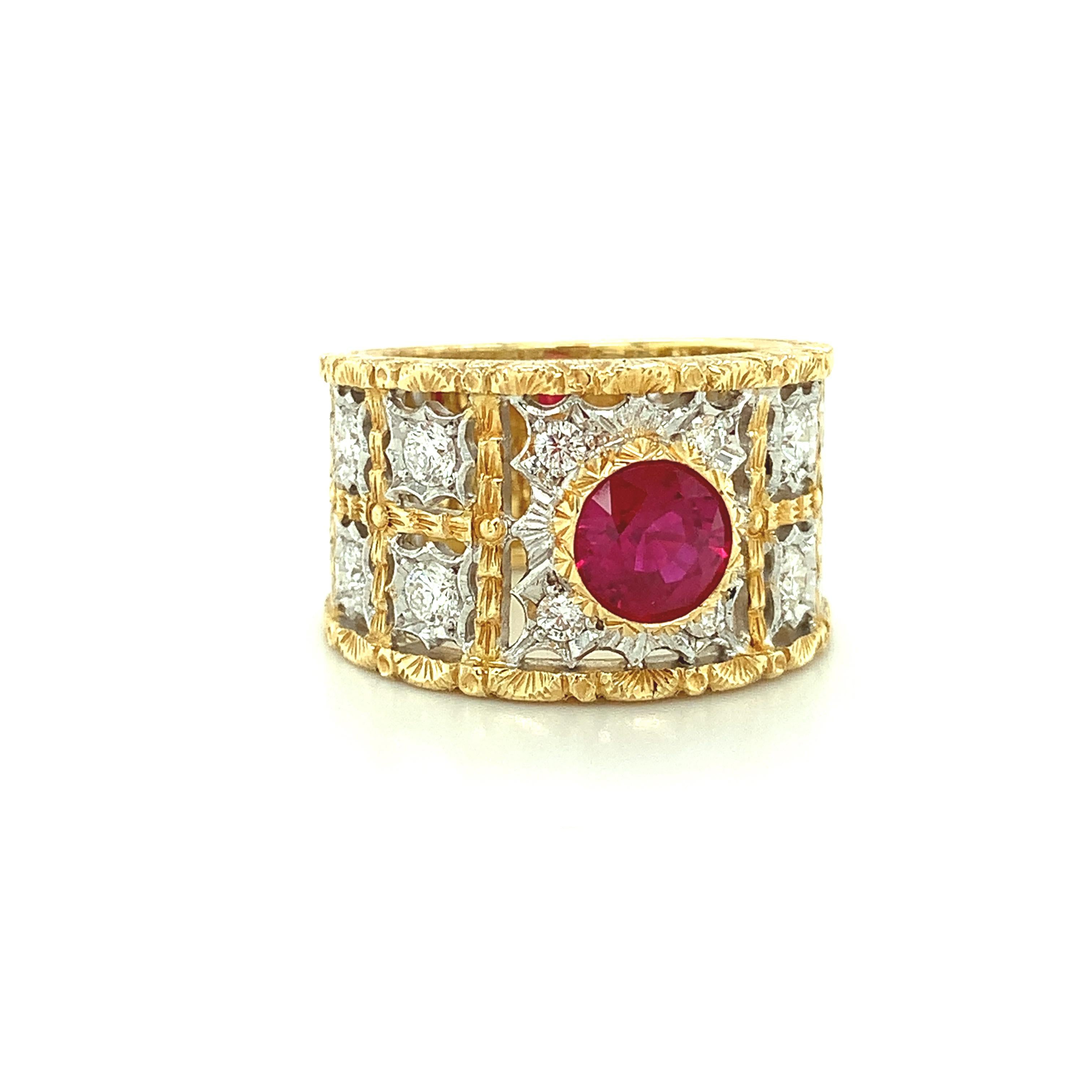 Artisan 1.68 Carat Ruby and Diamond Florentine Style Band Ring in White and Yellow Gold  For Sale