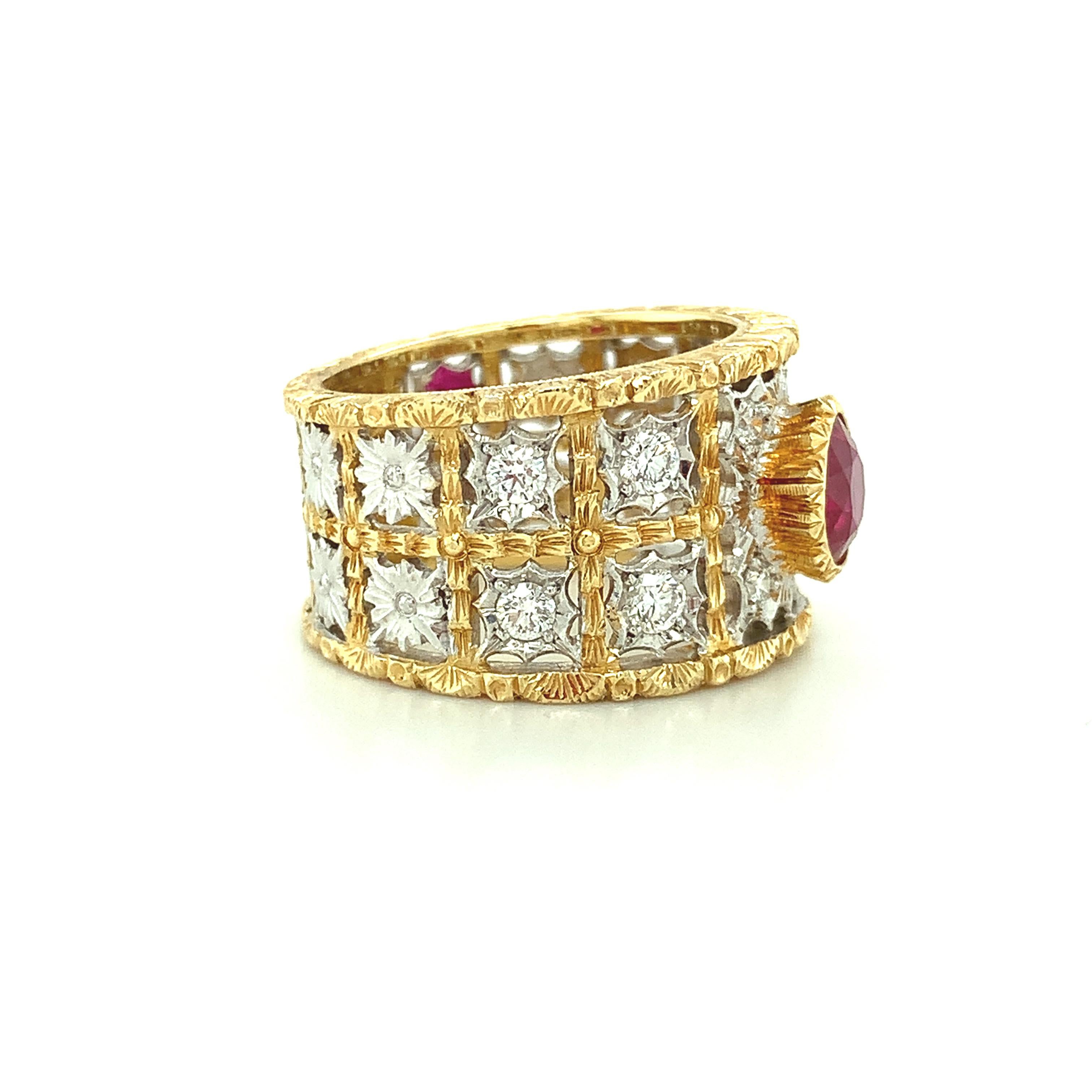 Oval Cut 1.68 Carat Ruby and Diamond Florentine Style Band Ring in White and Yellow Gold  For Sale