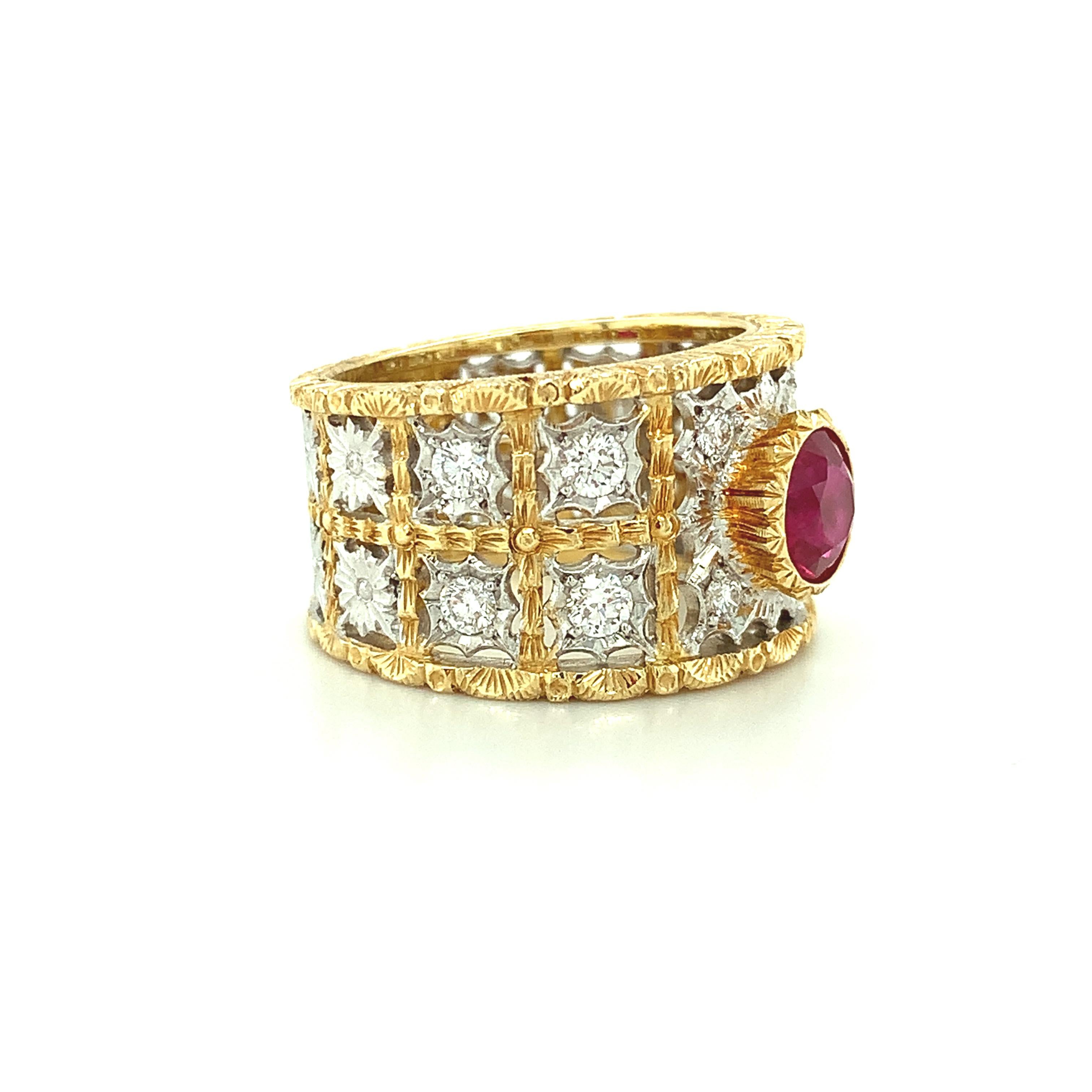 1.68 Carat Ruby and Diamond Florentine Style Band Ring in White and Yellow Gold  In New Condition For Sale In Los Angeles, CA