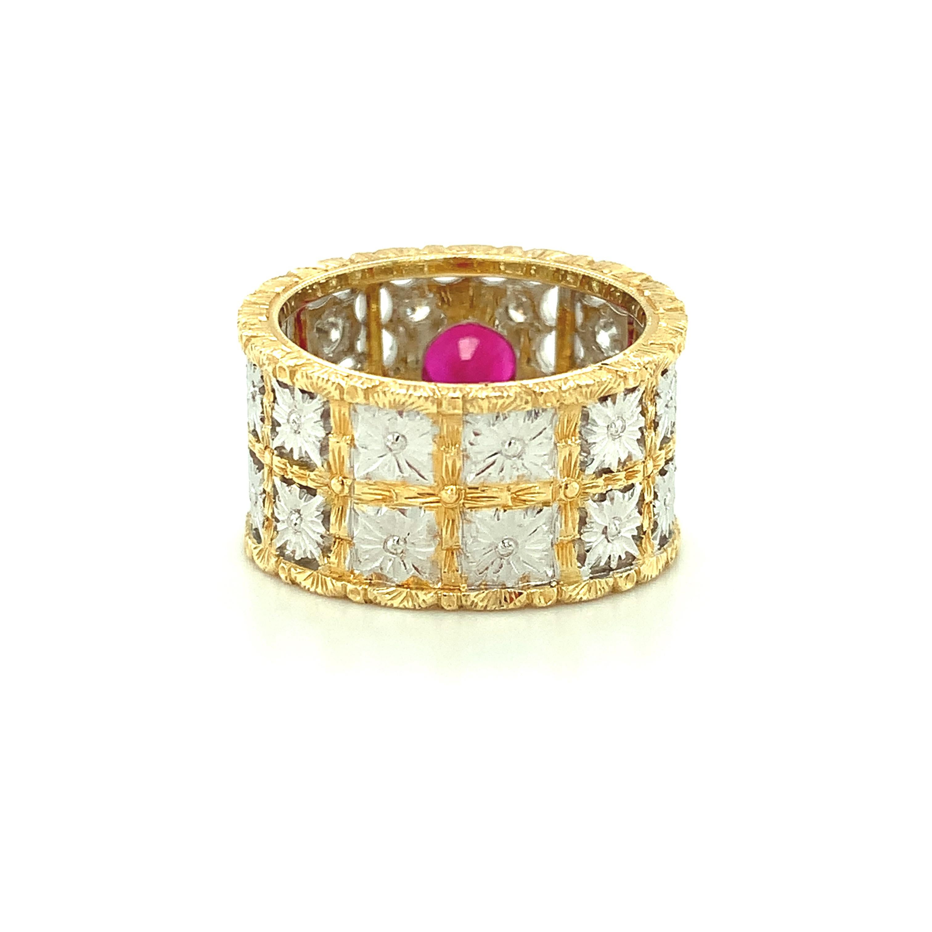 1.68 Carat Ruby and Diamond Florentine Style Band Ring in White and Yellow Gold  For Sale 1