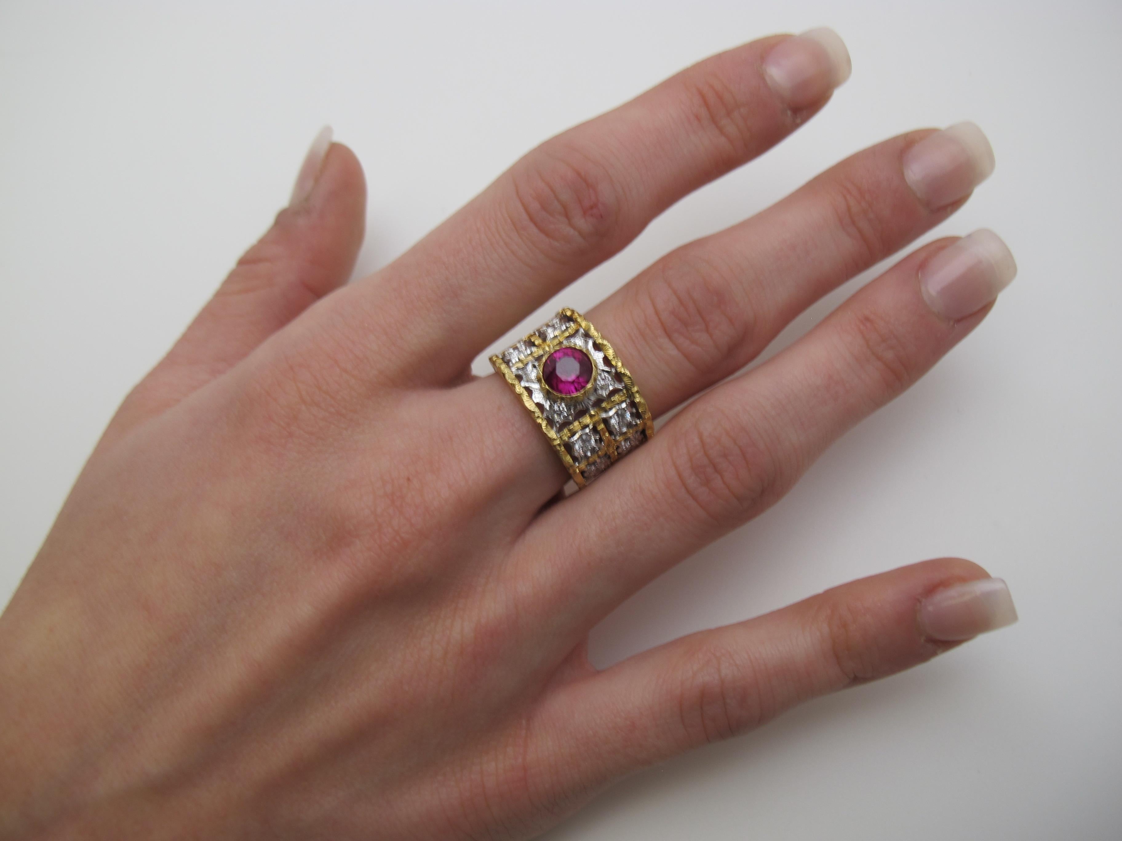 1.68 Carat Ruby and Diamond Florentine Style Band Ring in White and Yellow Gold  For Sale 2