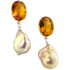 16.8 Carat Citrines and Pearl Sterling Silver Stud Earrings