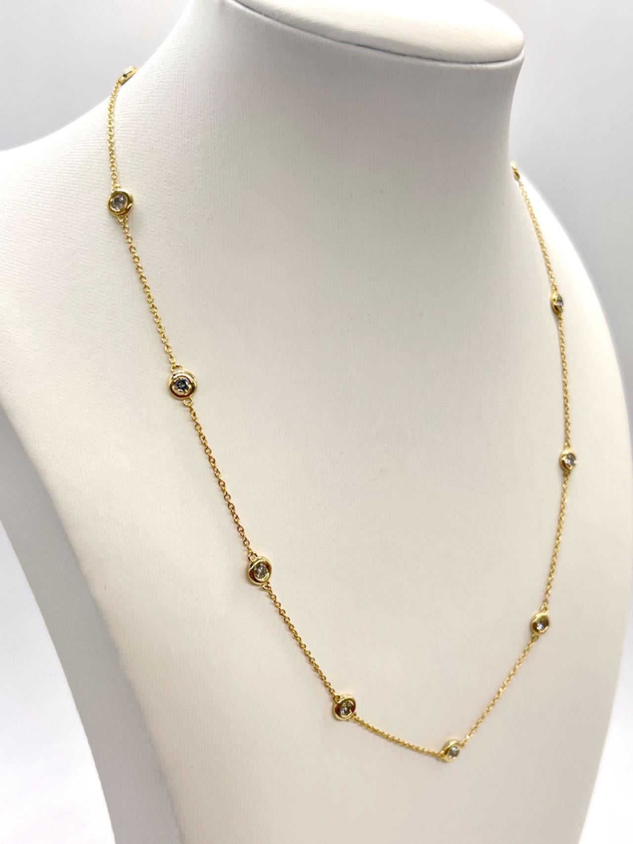 Round Cut 1.68 Carat Diamond By The Yard 10 Station Necklace 14K Yellow Gold 18