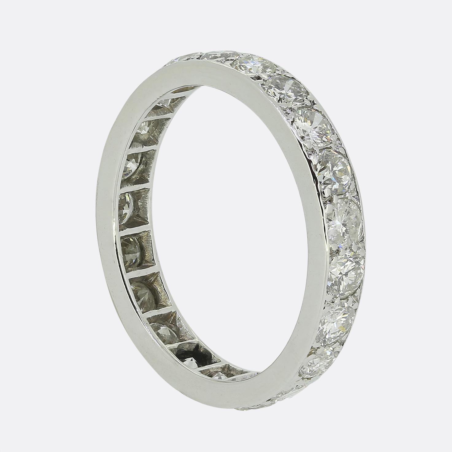 Here we have a sophisticated eternity band adorned with a continuous row of brilliant-cut white diamonds. Each diamond is meticulously set within a sleek platinum band, creating a seamless and radiant display.

Condition: Used (Very Good)
Weight:
