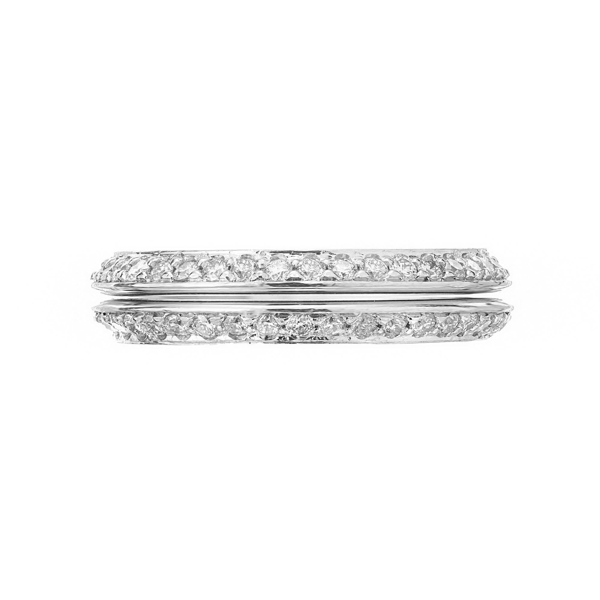 Diamond wedding double band ring. 76 round brilliant cut diamonds approx. total weight 1.68cts in 14k white gold.

76 round brilliant cut Diamonds, approx. total weight .56cts, H – I, SI, 1.1mm per ring. There are 38 diamonds in each ring .28cts