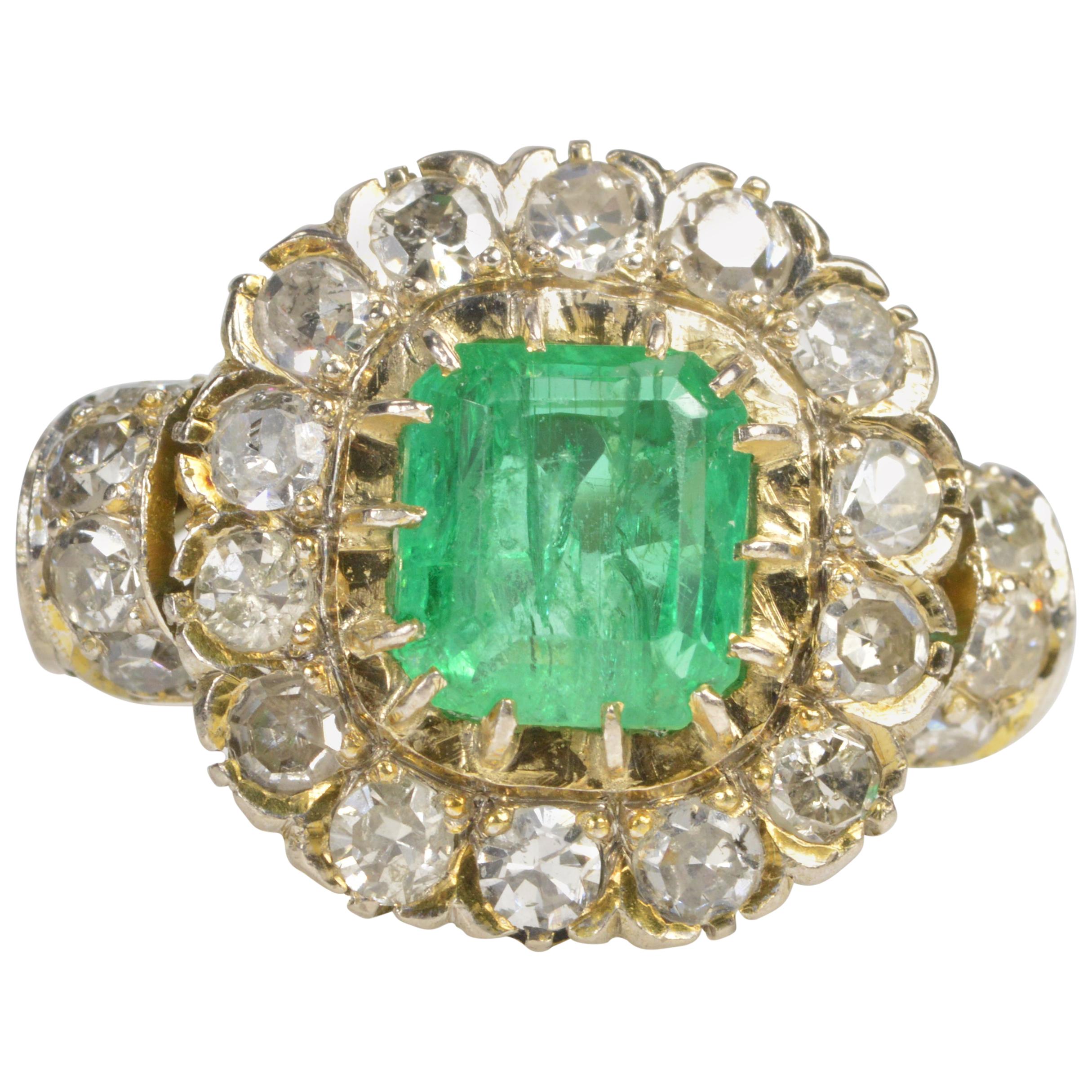 1.68 Carat Emerald 1.32 Carat Mine Cut Diamonds Gold Engagement Ring For Sale