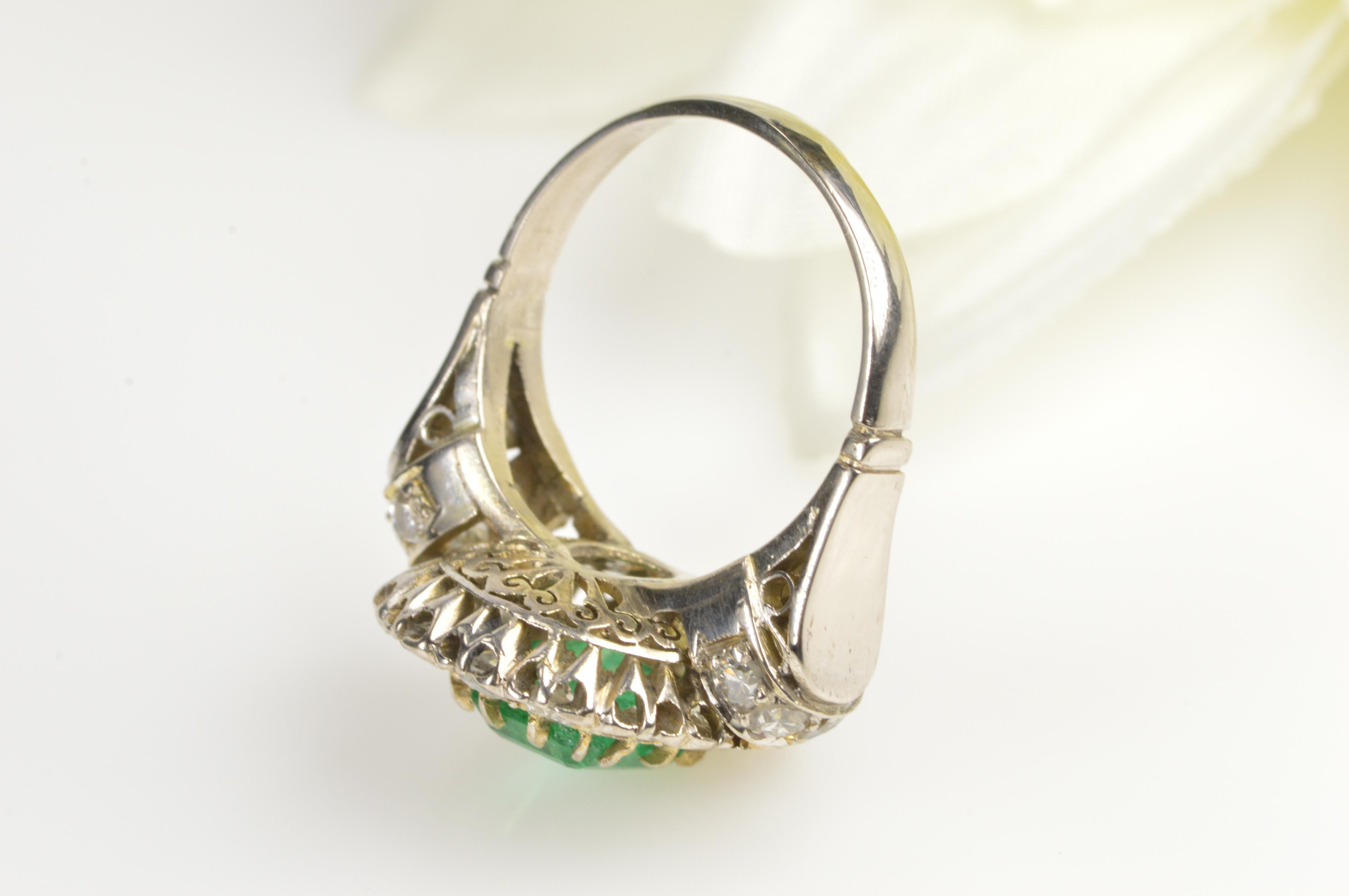 Victorian 1.68 Carat Emerald 1.32 Carat Mine Cut Diamonds Gold Engagement Ring For Sale