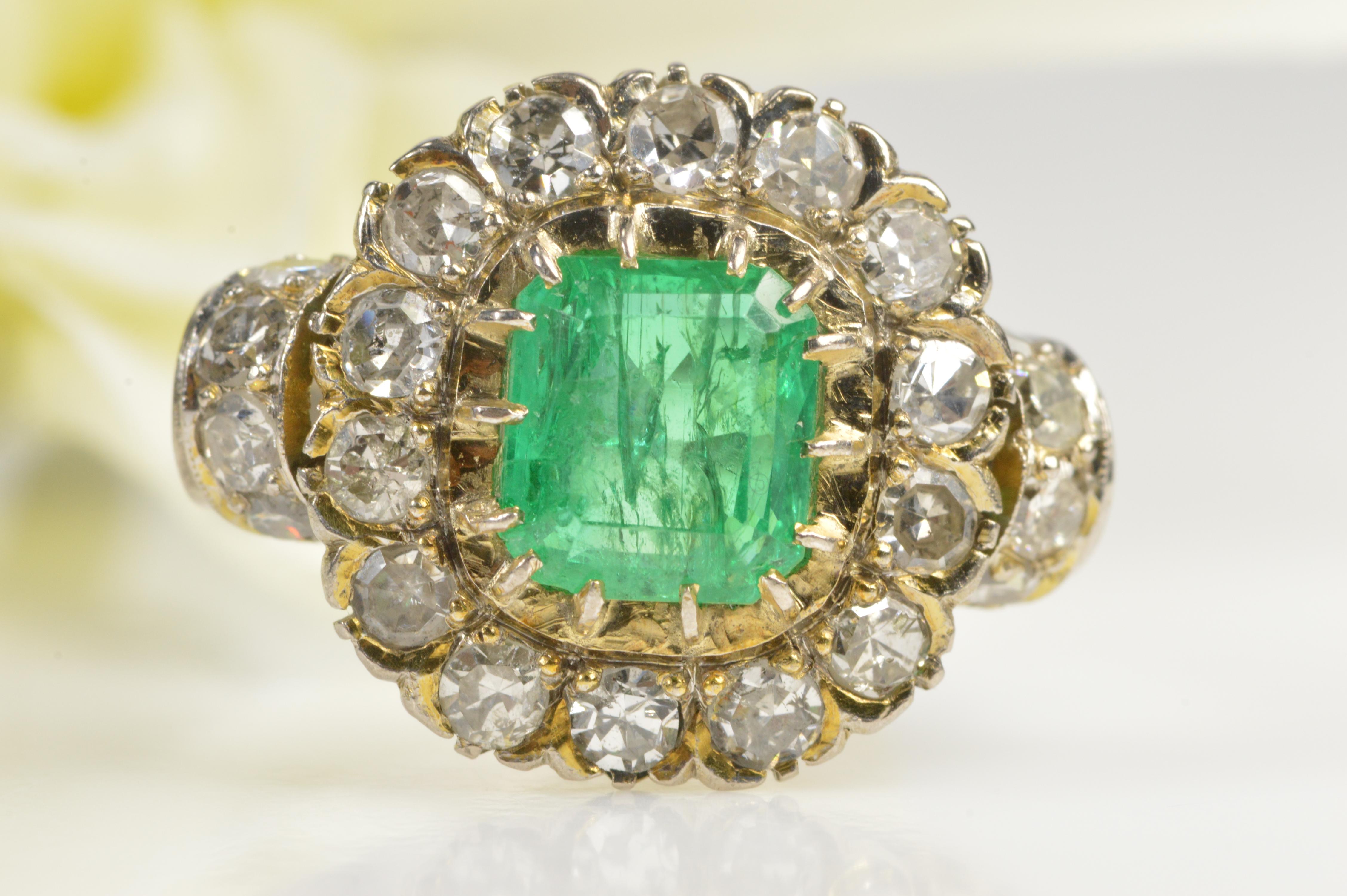 1.68 Carat Emerald 1.32 Carat Mine Cut Diamonds Gold Engagement Ring In Excellent Condition For Sale In Frederick, MD