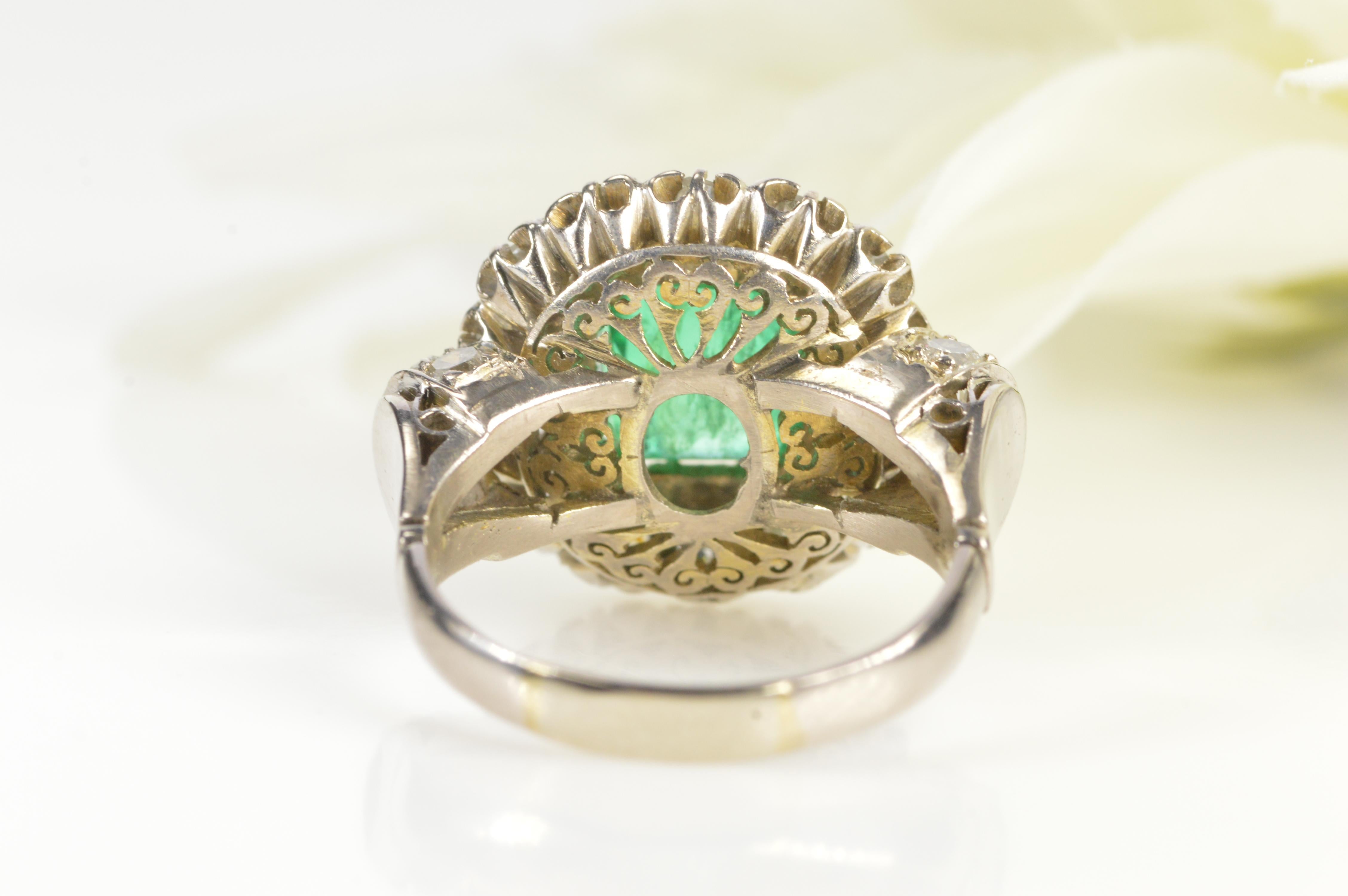 Women's 1.68 Carat Emerald 1.32 Carat Mine Cut Diamonds Gold Engagement Ring For Sale