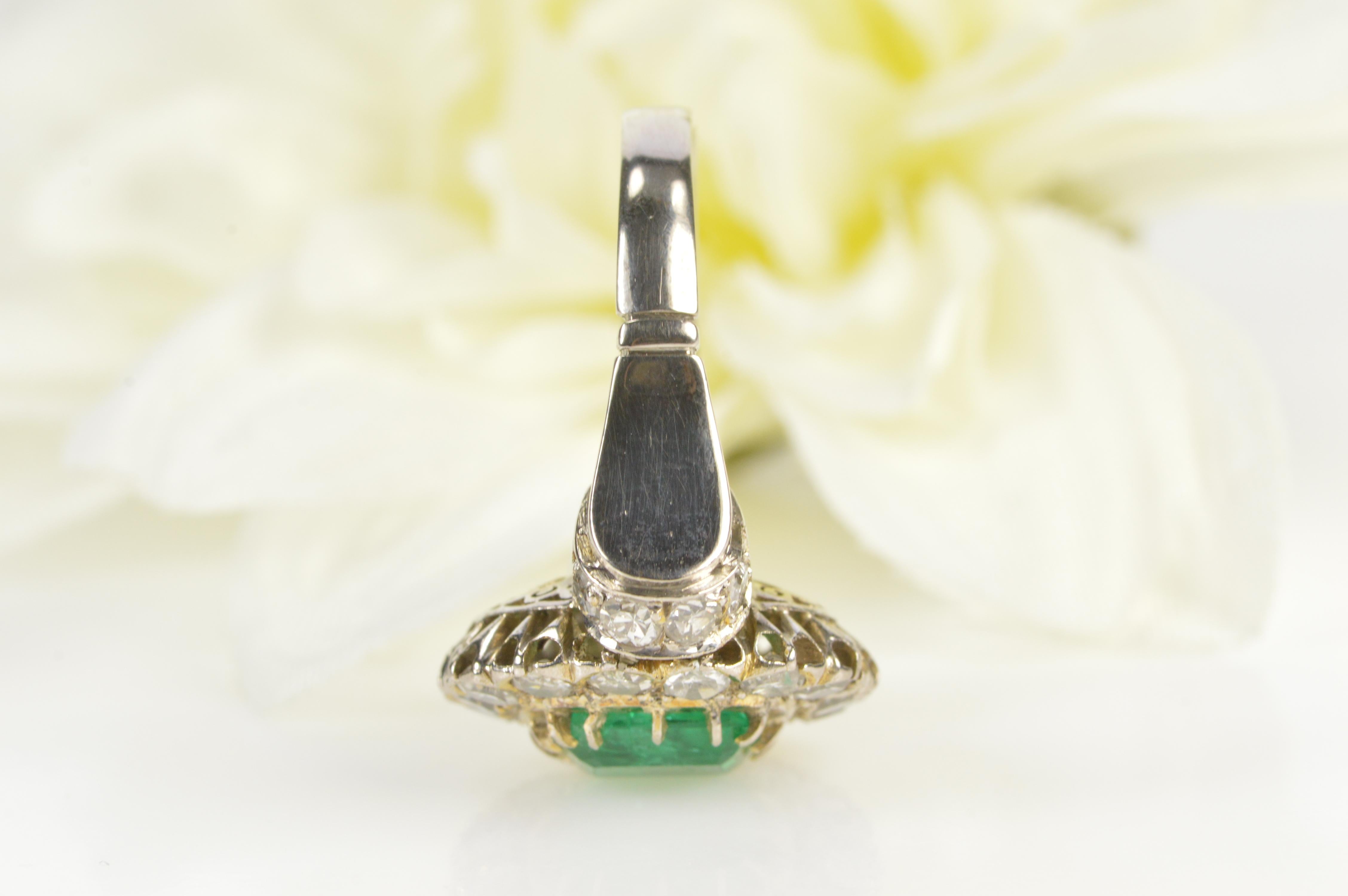 1.68 Carat Emerald 1.32 Carat Mine Cut Diamonds Gold Engagement Ring For Sale 1