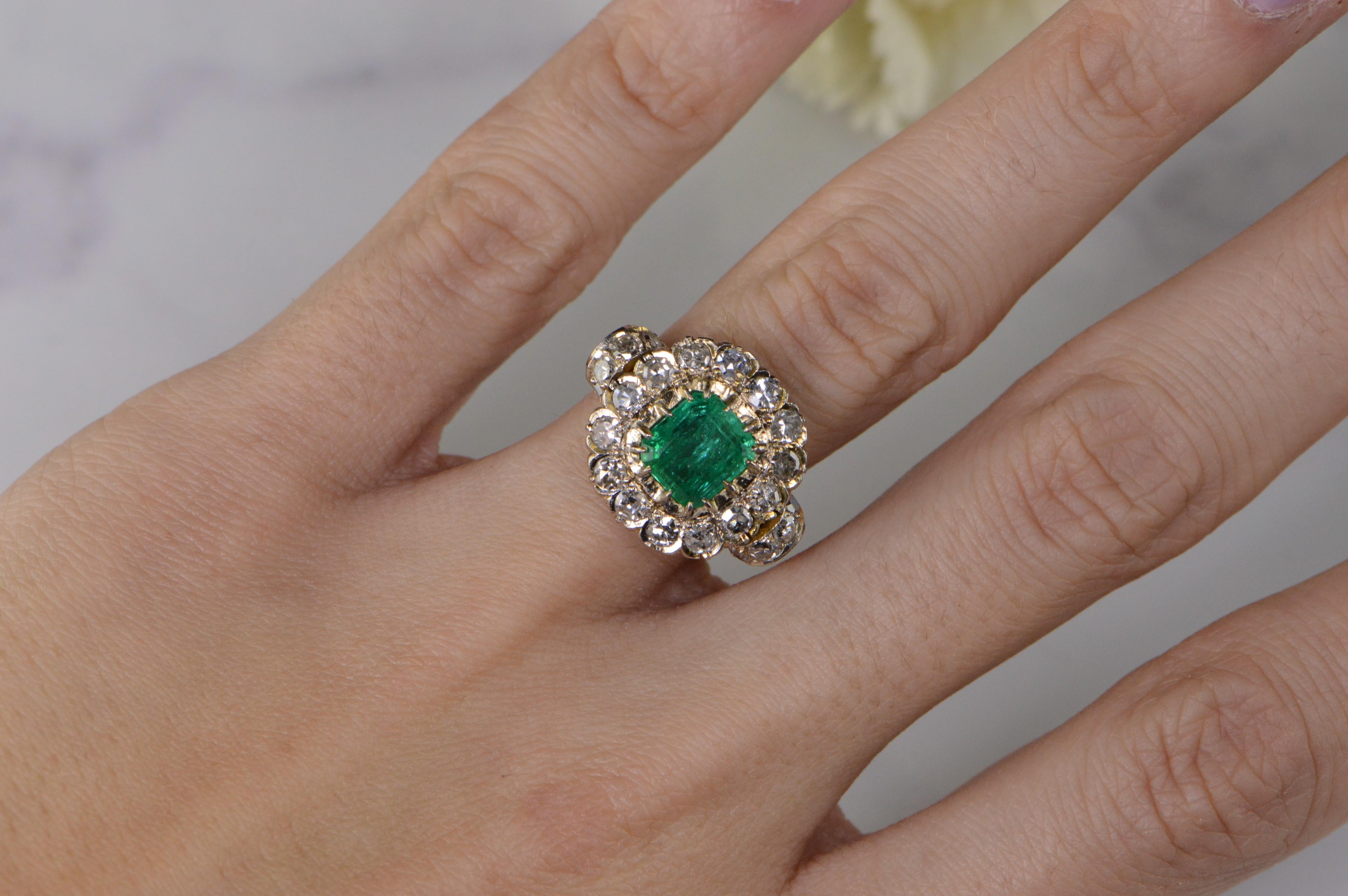 1.68 Carat Emerald 1.32 Carat Mine Cut Diamonds Gold Engagement Ring For Sale 2