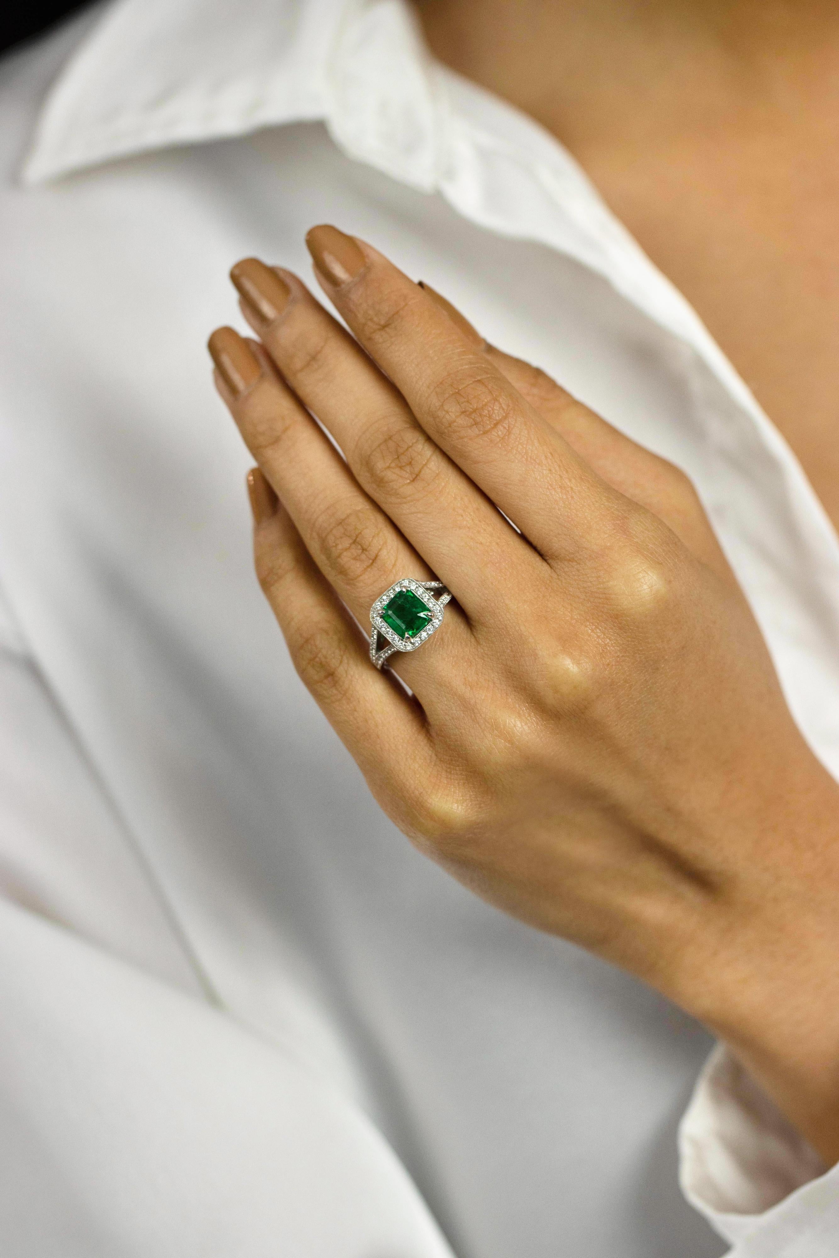 Contemporary Roman Malakov 1.68 Carats Emerald Cut Emerald with Diamond Halo Engagement Ring For Sale