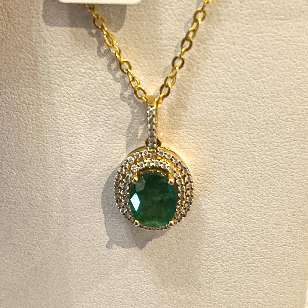 Contemporary 1.68 Carat Emerald Double Halo 0.32 Cts Diamond 14K Gold 18 Inch Oval Pendant For Sale