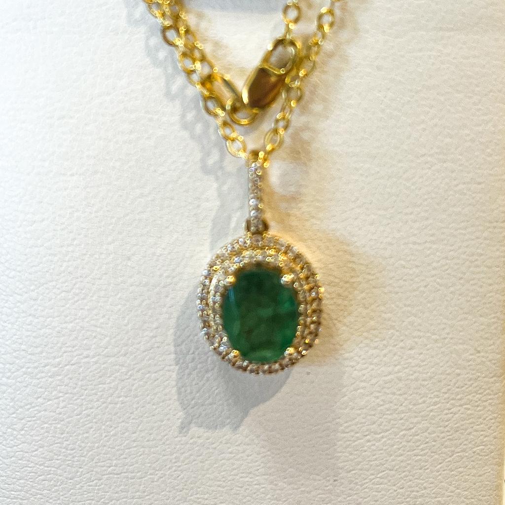 Oval Cut 1.68 Carat Emerald Double Halo 0.32 Cts Diamond 14K Gold 18 Inch Oval Pendant For Sale