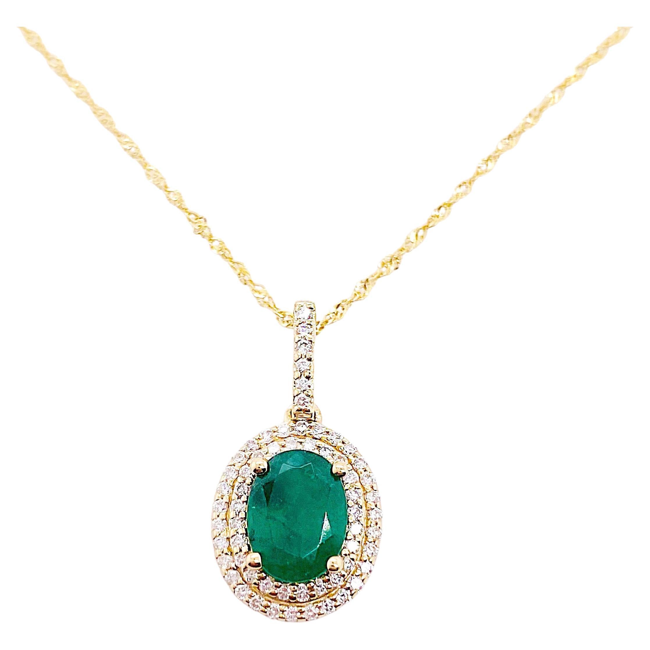 1.68 Carat Emerald Double Halo 0.32 Cts Diamond 14K Gold 18 Inch Oval Pendant For Sale