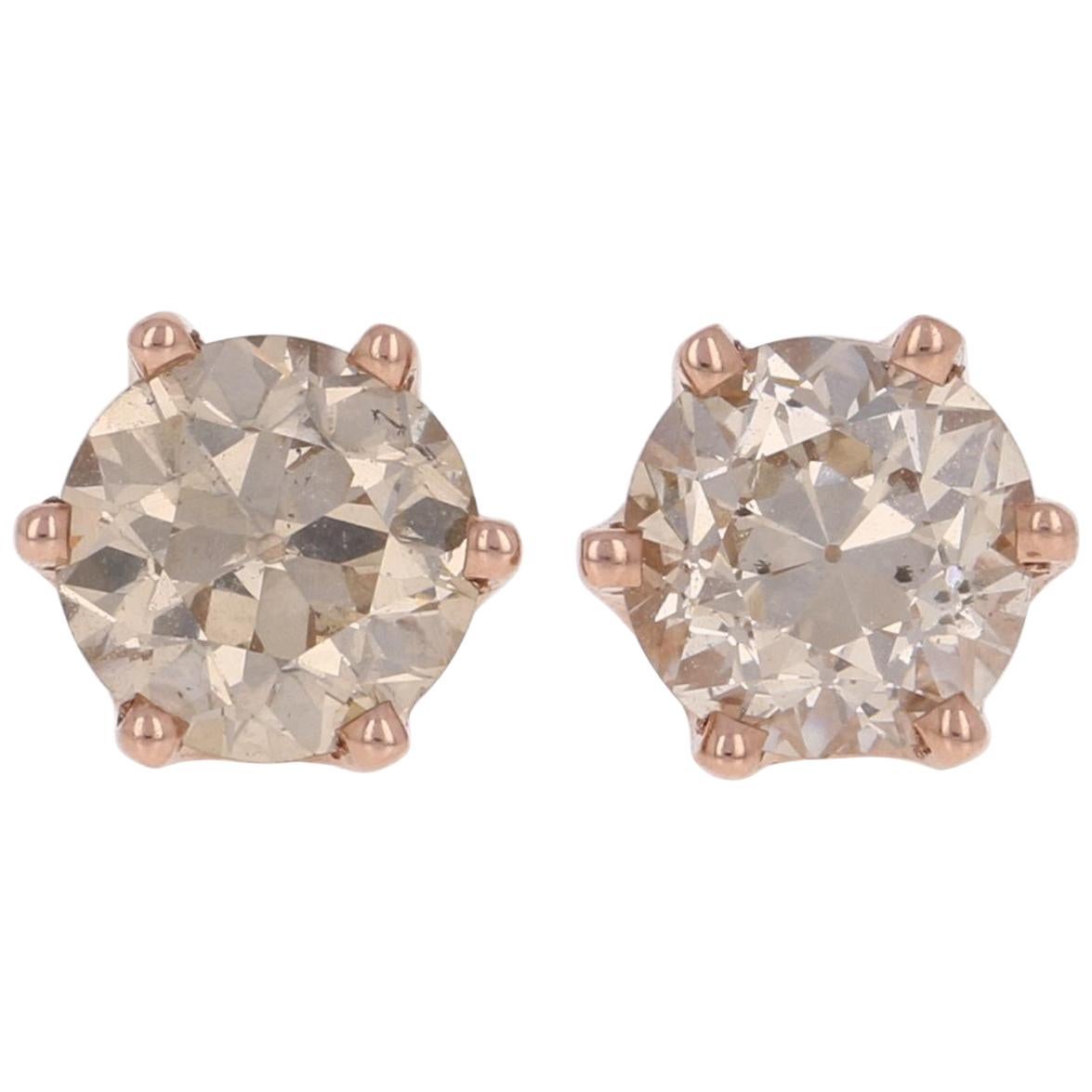 1.68 Carat European Diamond Earrings 14 Karat Gold Champagne Brown Stud Pierced