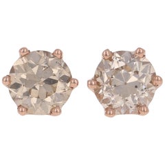 1.68 Carat European Diamond Earrings 14 Karat Gold Champagne Brown Stud Pierced