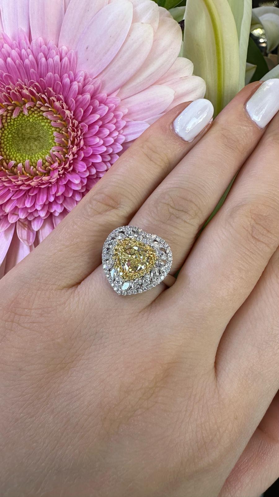 1.68 Carat Fancy Yellow Heart Shape Diamond Halo Engagement Ring For Sale 1