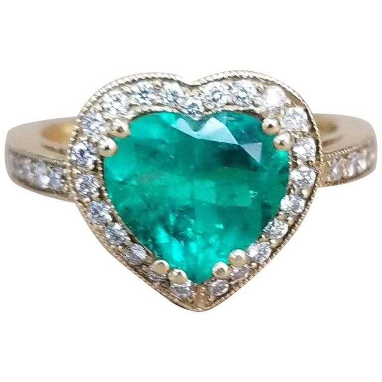 1.68 Carat Heart Shape Emerald Set in 18 Karat Yellow Gold with Diamond ...