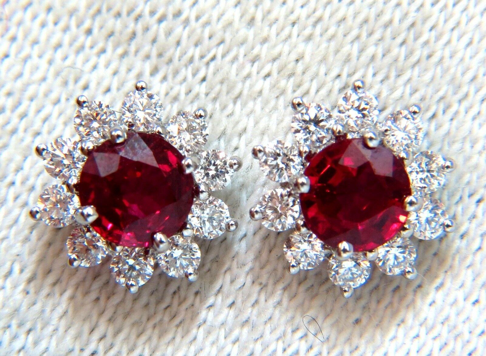 Round Cut 1.68 Carat Natural Burma Ruby Diamonds Cluster Earrings 14 Karat