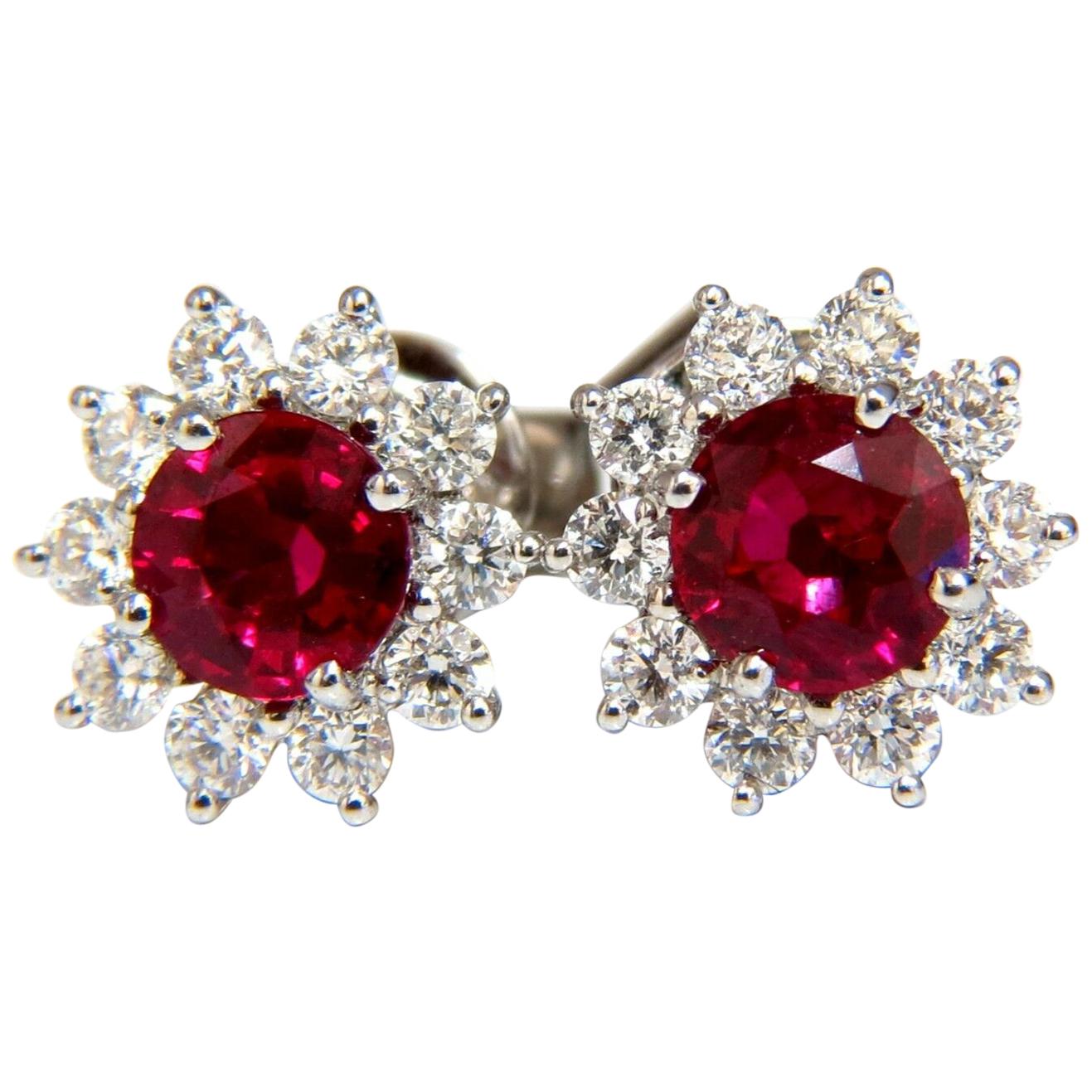1.68 Carat Natural Burma Ruby Diamonds Cluster Earrings 14 Karat