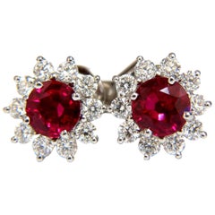 1.68 Carat Natural Burma Ruby Diamonds Cluster Earrings 14 Karat