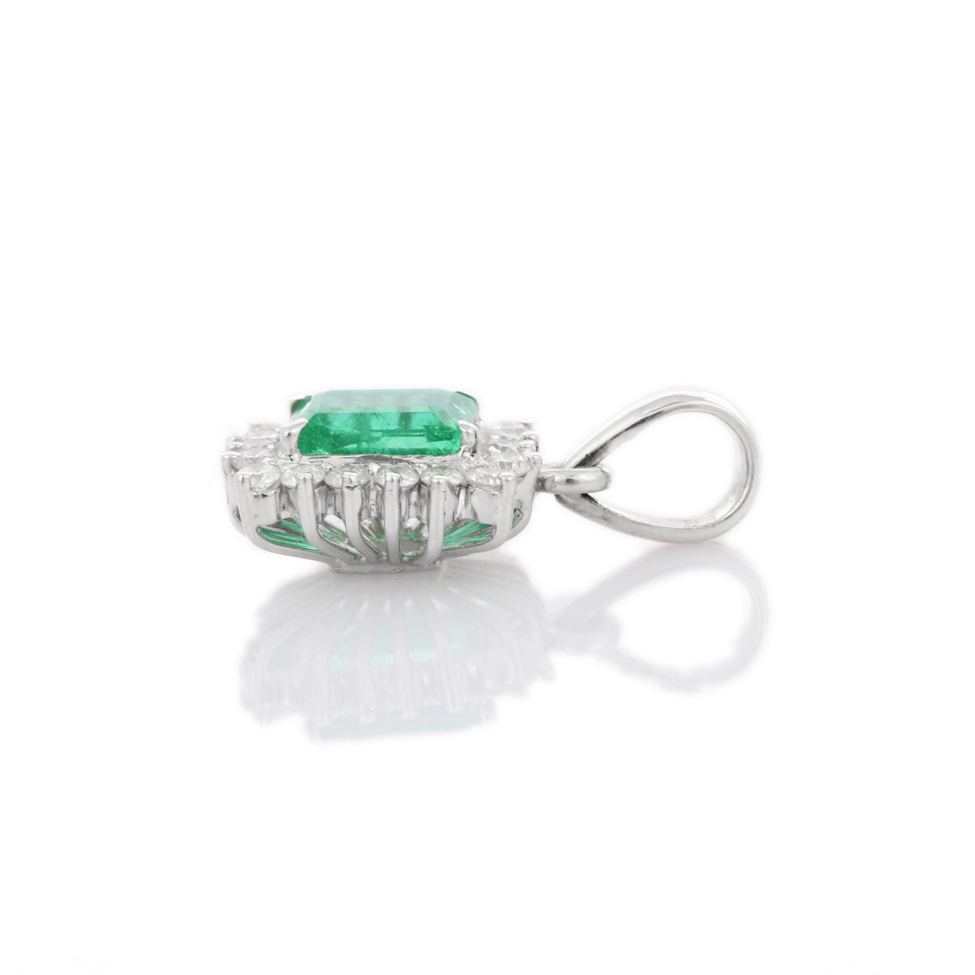 Natural Emerald pendant in 18K Gold. It has a octagon cut emerald studded with diamonds that completes your look with a decent touch. Pendants are used to wear or gifted to represent love and promises. It's an attractive jewelry piece that goes with
