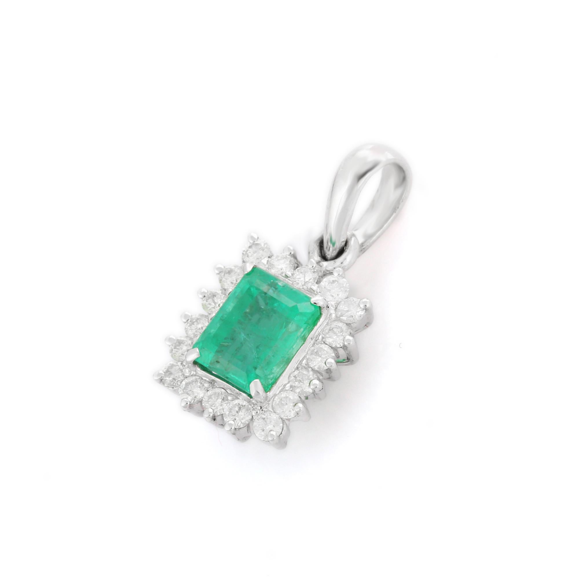Art Deco 1.68 Carat Octagon Cut Emerald Pendant with Diamonds in 18K White Gold For Sale