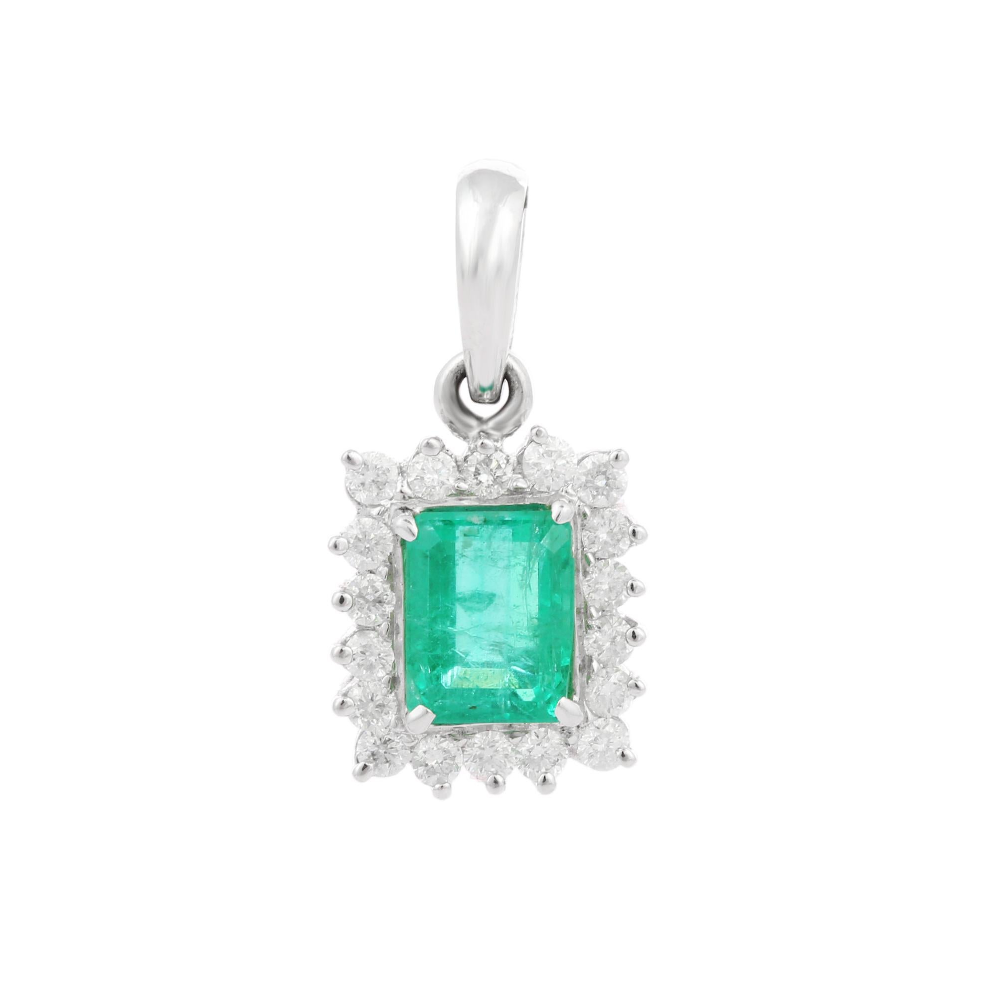 Women's 1.68 Carat Octagon Cut Emerald Pendant with Diamonds in 18K White Gold For Sale