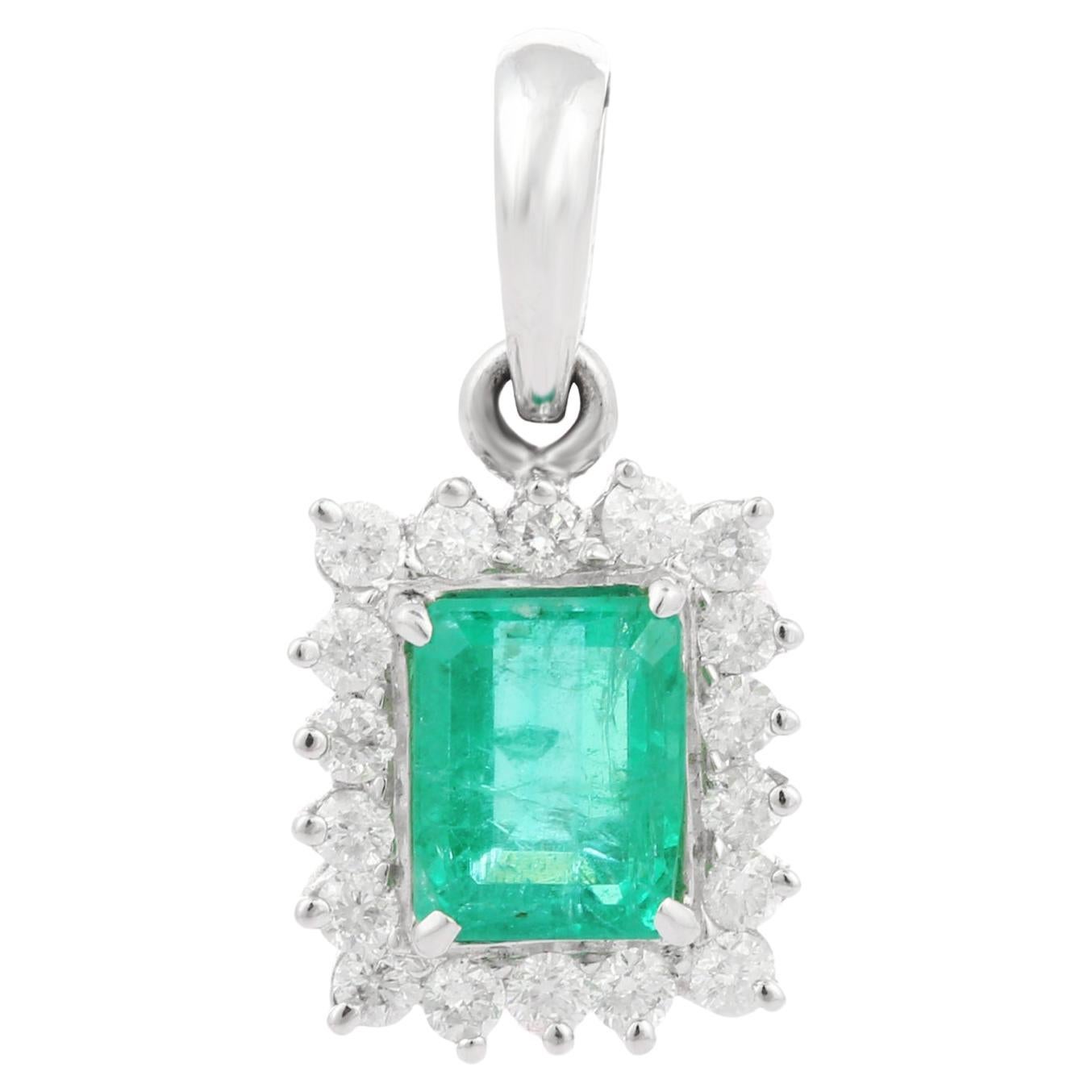 1.68 Carat Octagon Cut Emerald Pendant with Diamonds in 18K White Gold For Sale