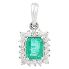 1.68 Carat Octagon Cut Emerald Pendant with Diamonds in 18K White Gold