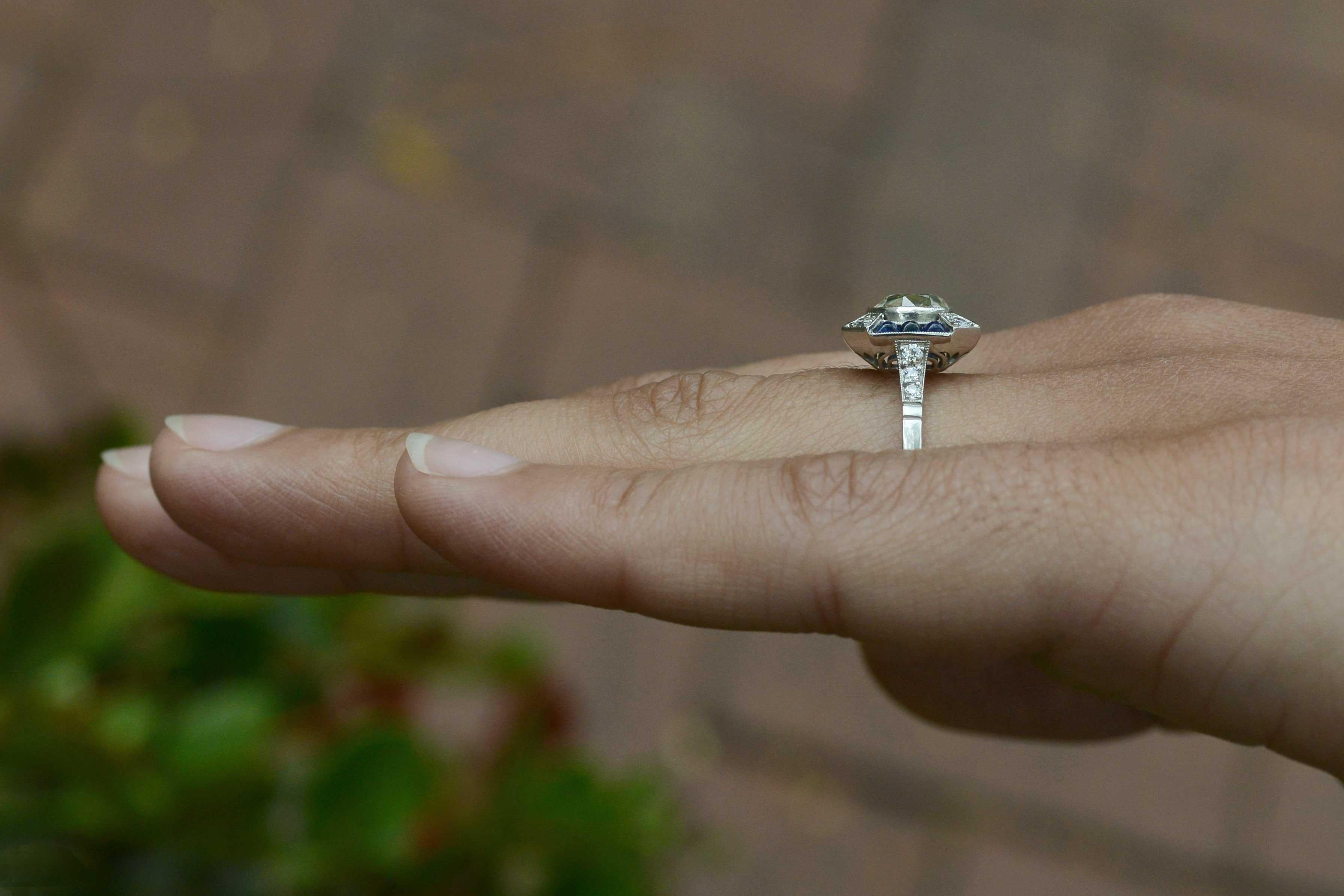 Women's 1.68 Carat Old Mine Cut Diamond Engagement Ring Art Deco Style Octagon Sapphire