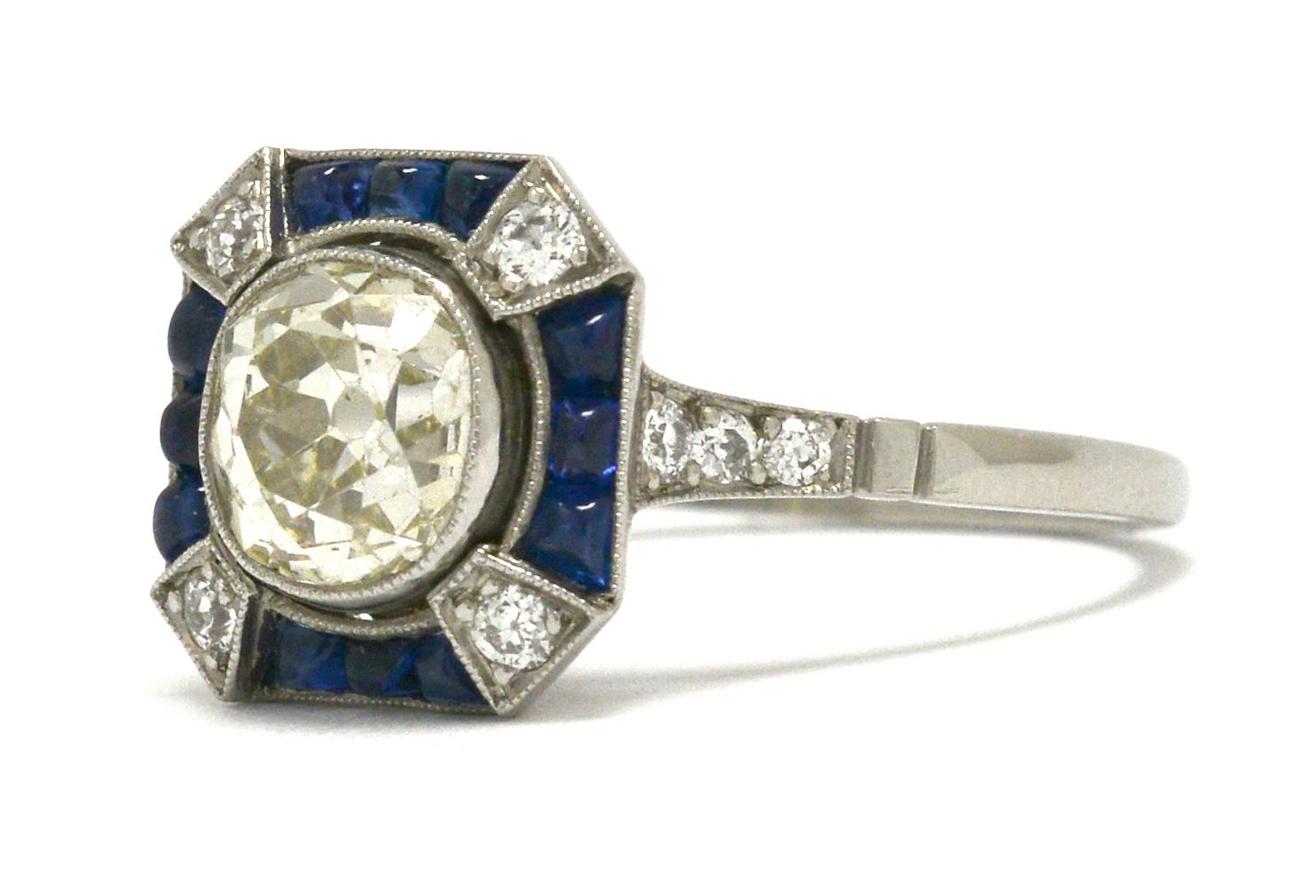 1.68 Carat Old Mine Cut Diamond Engagement Ring Art Deco Style Octagon Sapphire 1