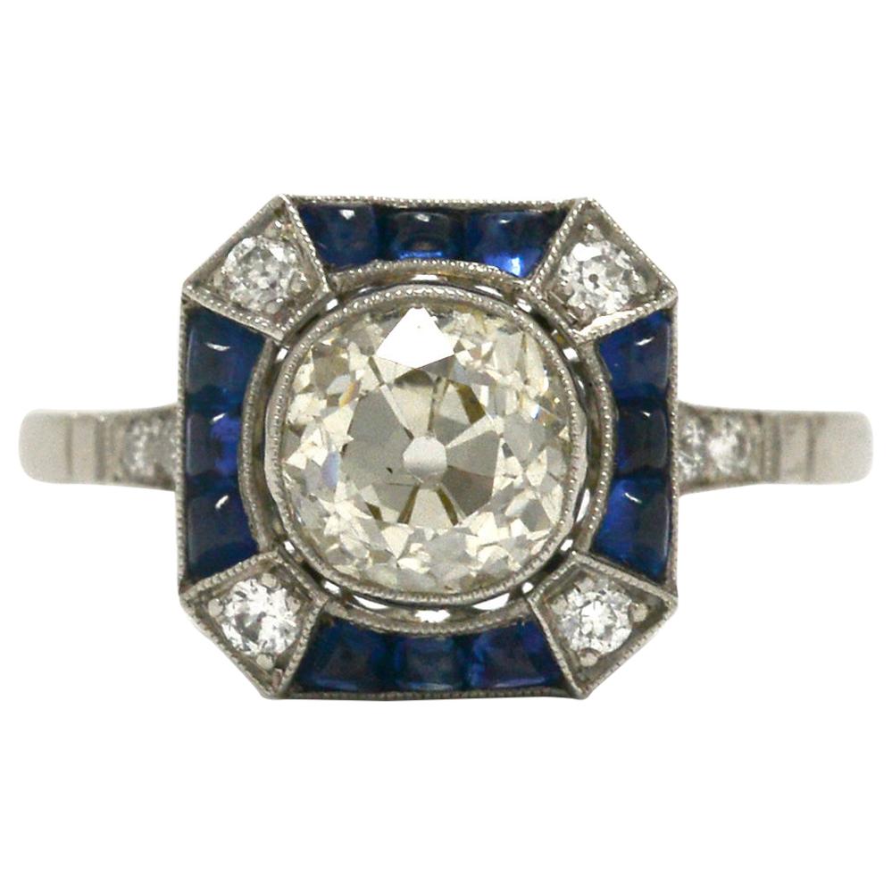 1.68 Carat Old Mine Cut Diamond Engagement Ring Art Deco Style Octagon Sapphire