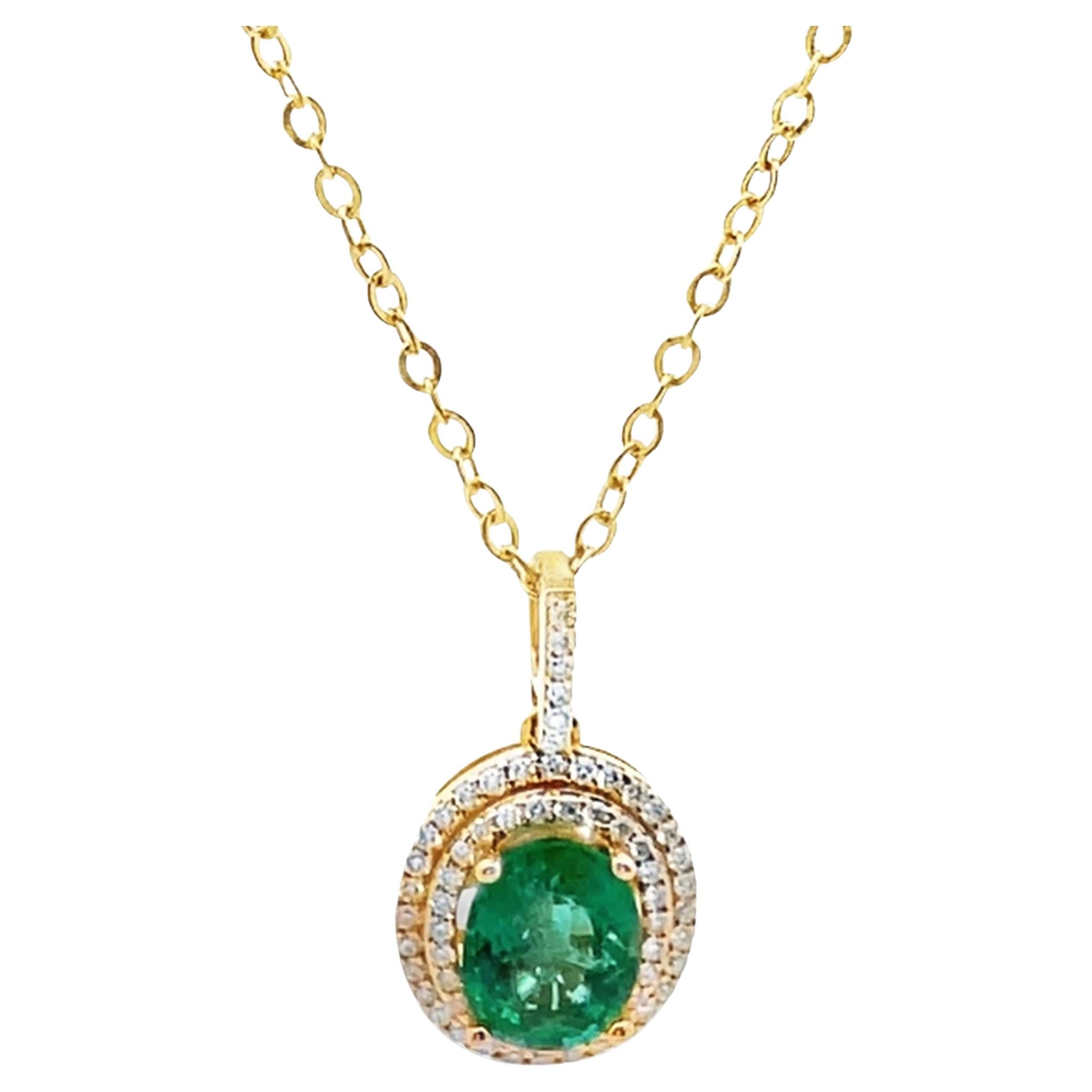 1.68 Carat Oval Cut Emerald Double Halo 14K Yellow Necklace Gold with Diamonds