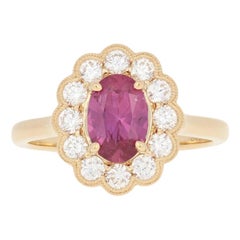 1.68 Carat Oval Cut Ruby & Diamond Ring, 18 Karat Gold Floral Milgrain Halo GIA