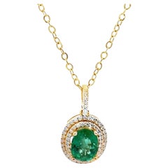 1.68 Carat Oval Emerald Double Halo 14K Yellow Gold Necklace 0.32 Carat Diamonds