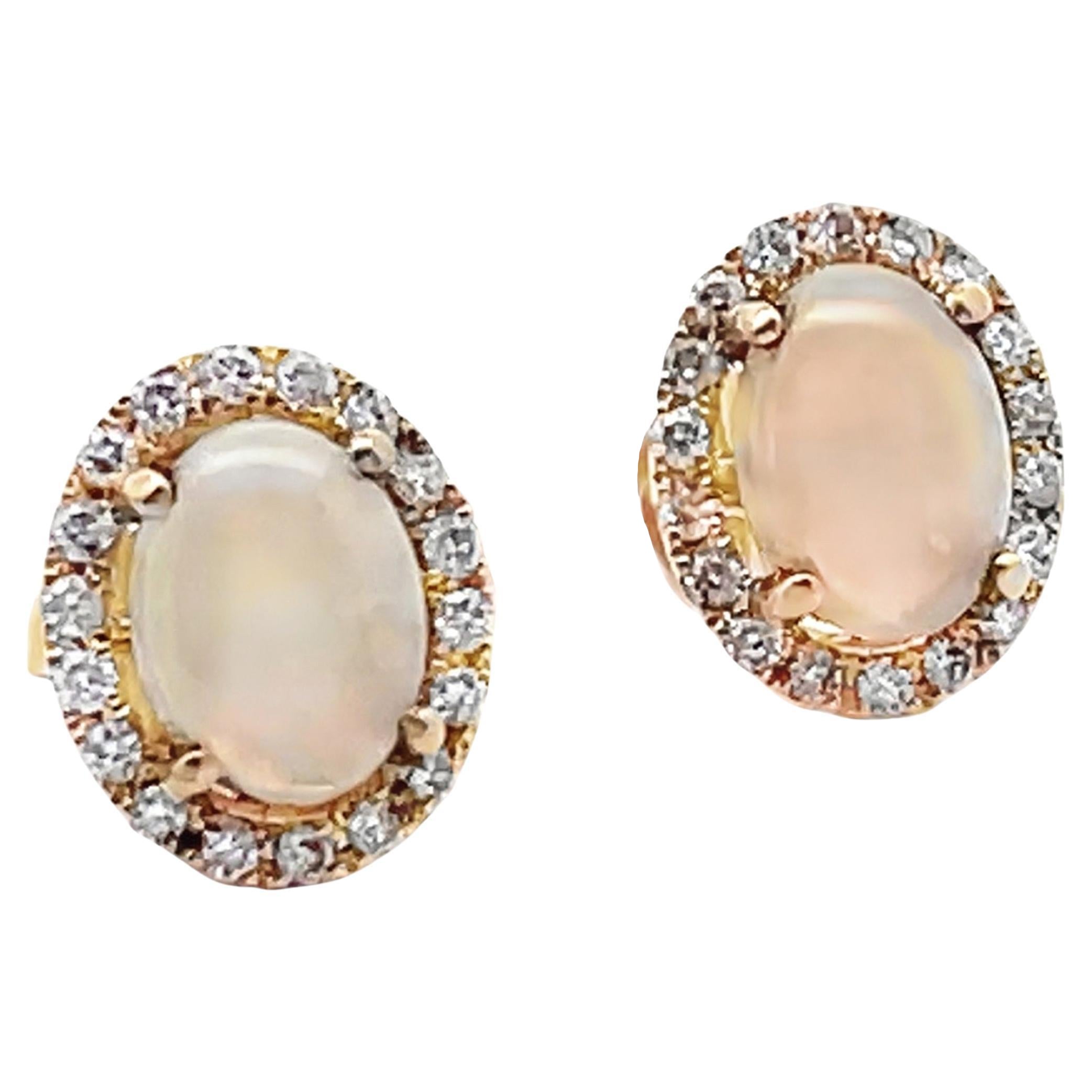 1.68 Carat Oval Opal Stud Earrings with Round Diamonds in 14K Yellow Gold
