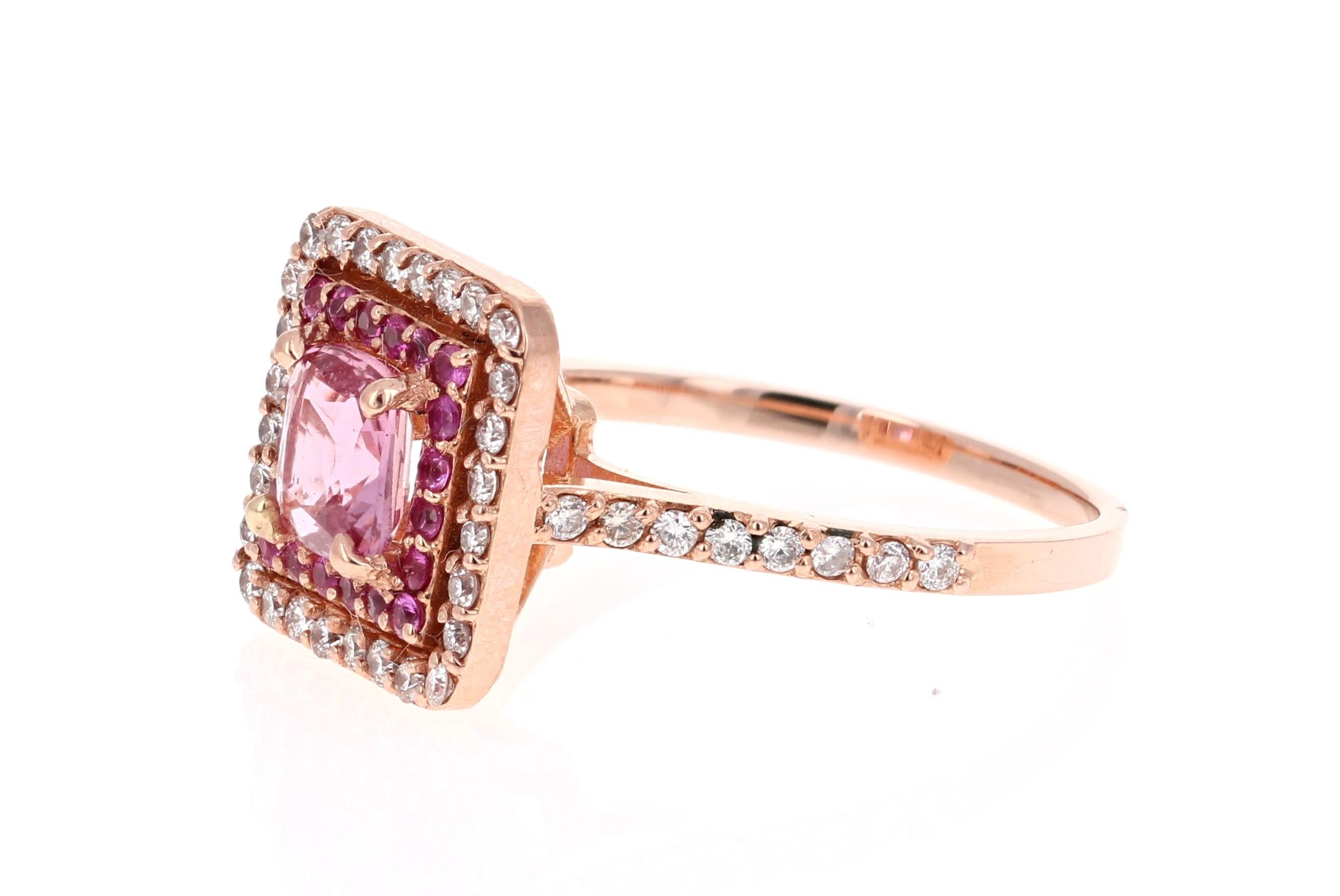 Modern 1.68 Carat Cushion Cut Pink Sapphire Diamond 14 Karat Rose Gold Bridal Ring For Sale