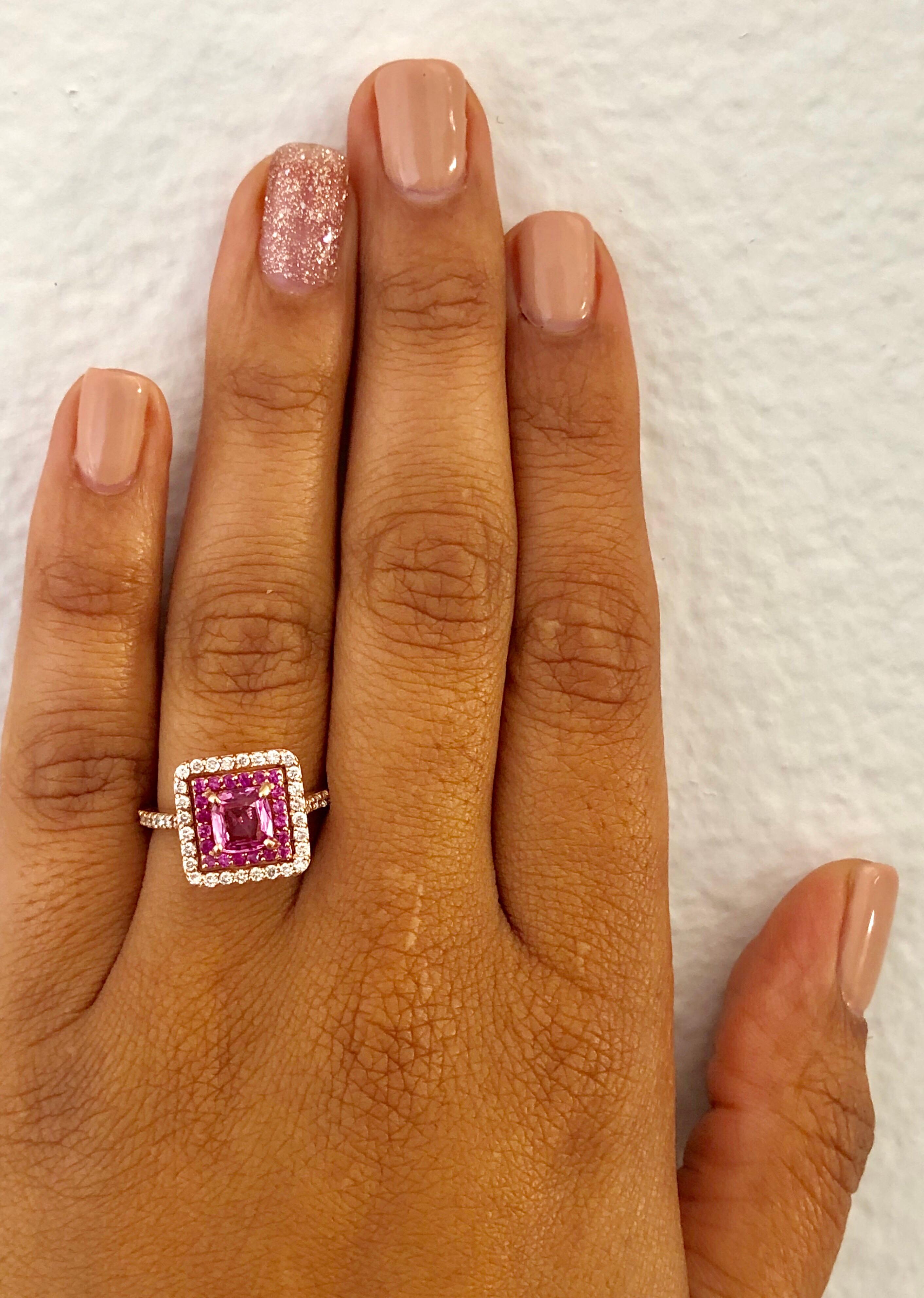 Women's 1.68 Carat Cushion Cut Pink Sapphire Diamond 14 Karat Rose Gold Bridal Ring For Sale