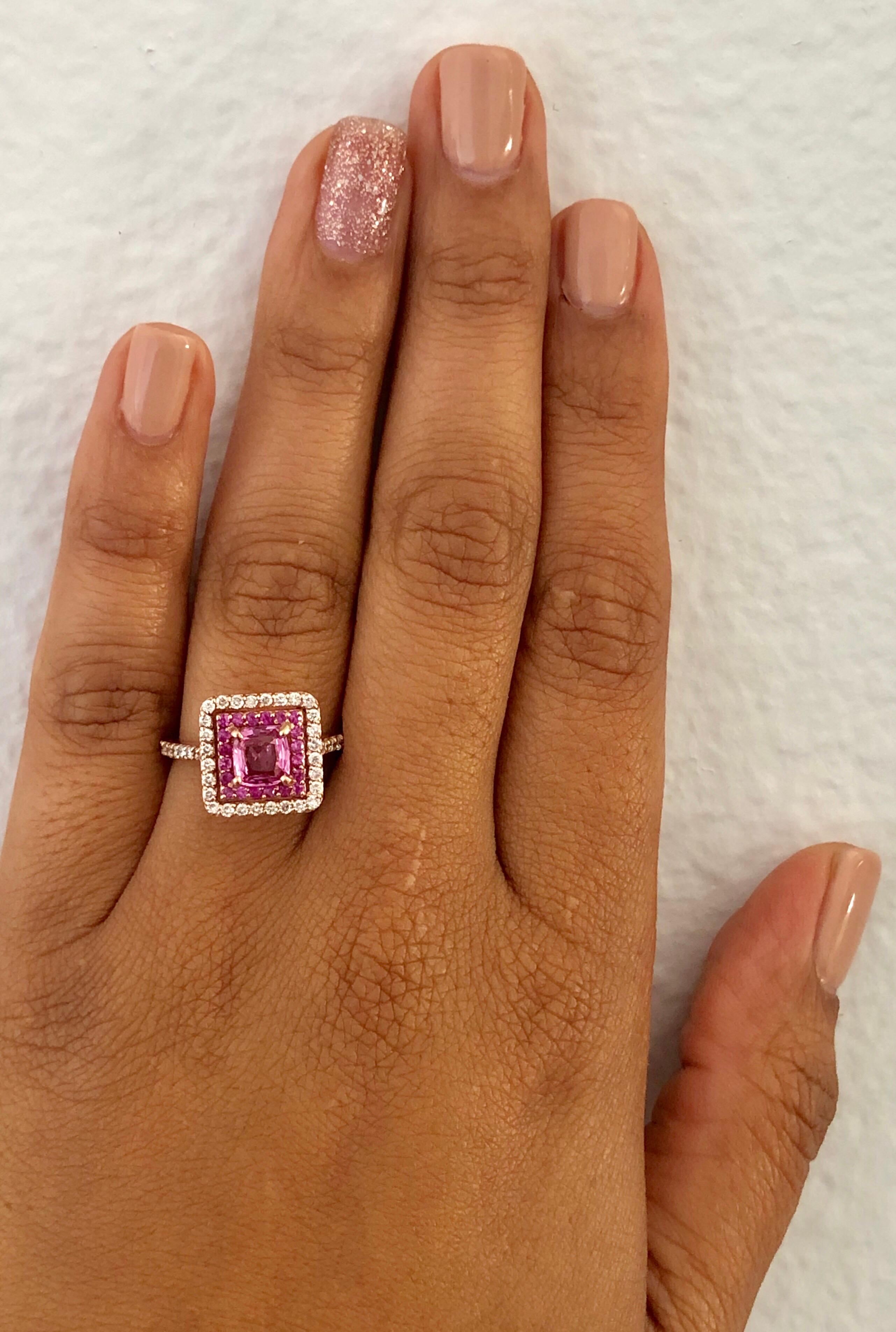 1.68 Carat Cushion Cut Pink Sapphire Diamond 14 Karat Rose Gold Bridal Ring For Sale 1
