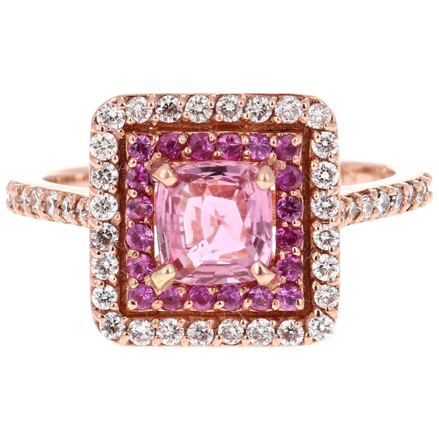 1.68 Carat Cushion Cut Pink Sapphire Diamond 14 Karat Rose Gold Bridal Ring For Sale