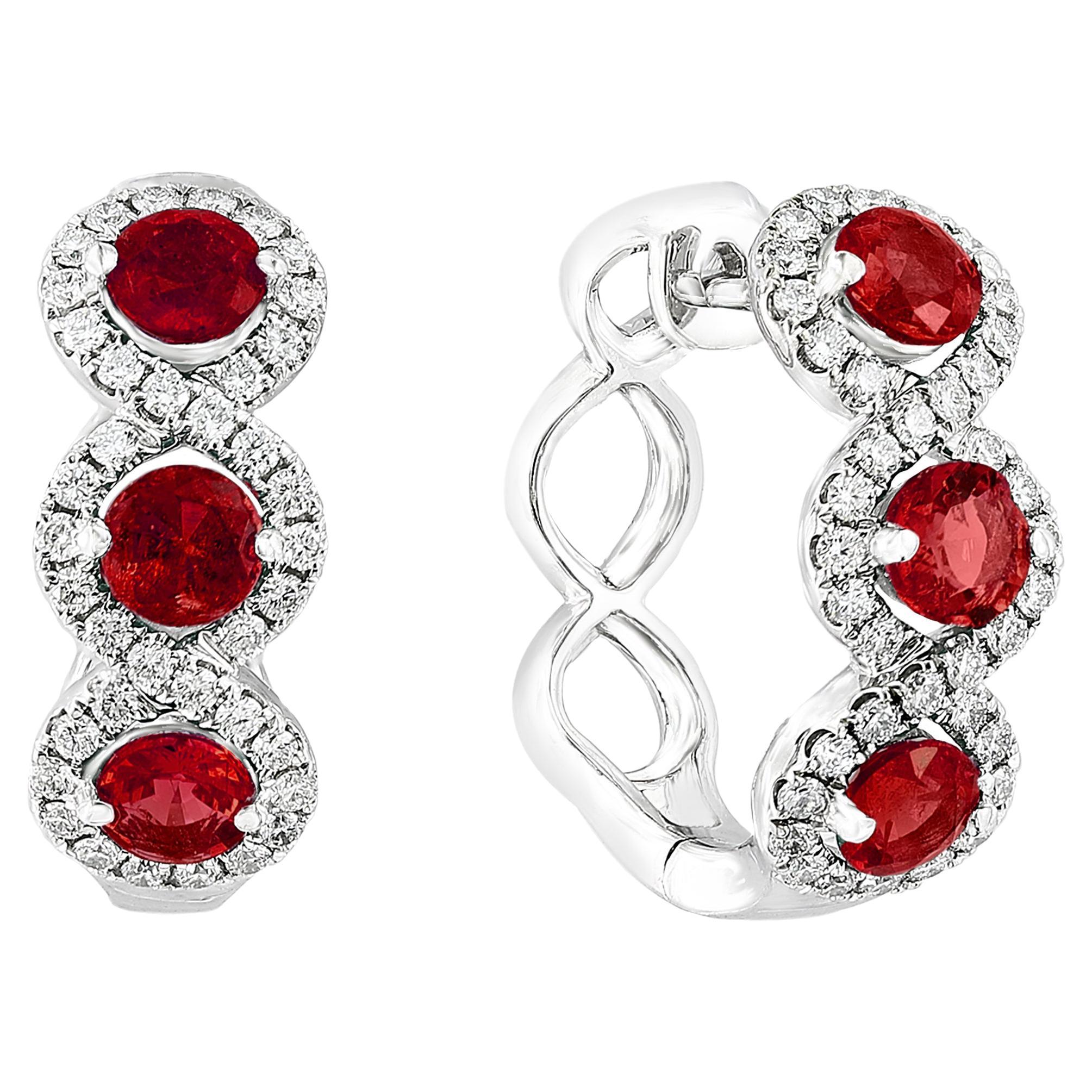 1.68 Carat Round Cut Ruby and Diamond Hoop Earrings in 18K White Gold For Sale