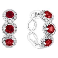 1.68 Carat Round Cut Ruby and Diamond Hoop Earrings in 18K White Gold
