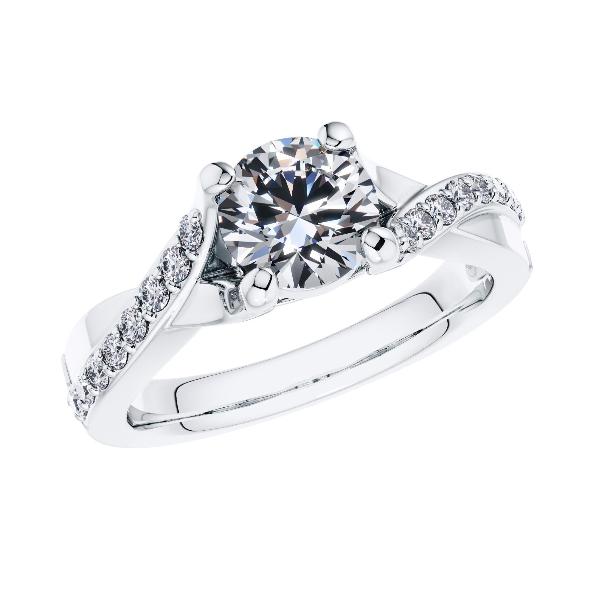 For a beautifully entwined journey together, this gleaming twisted vine modern classic engagement ring. Handmade in 18 Karat White Gold, with a total of 1.68 Carat White Diamonds. Set in an open gallery 4 prong mount with a split shank that has one