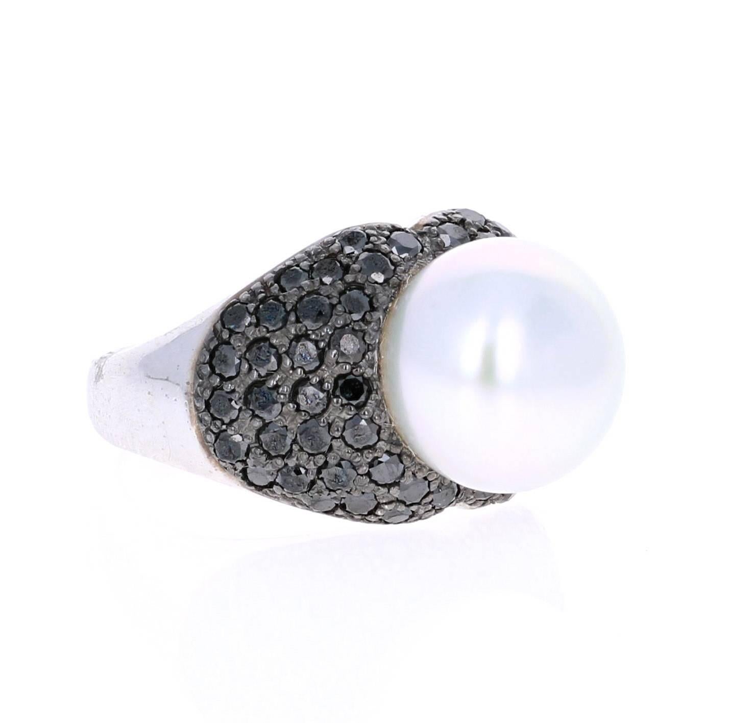 Modern 1.68 Carat South Sea Pearl Black Diamond Cocktail Ring