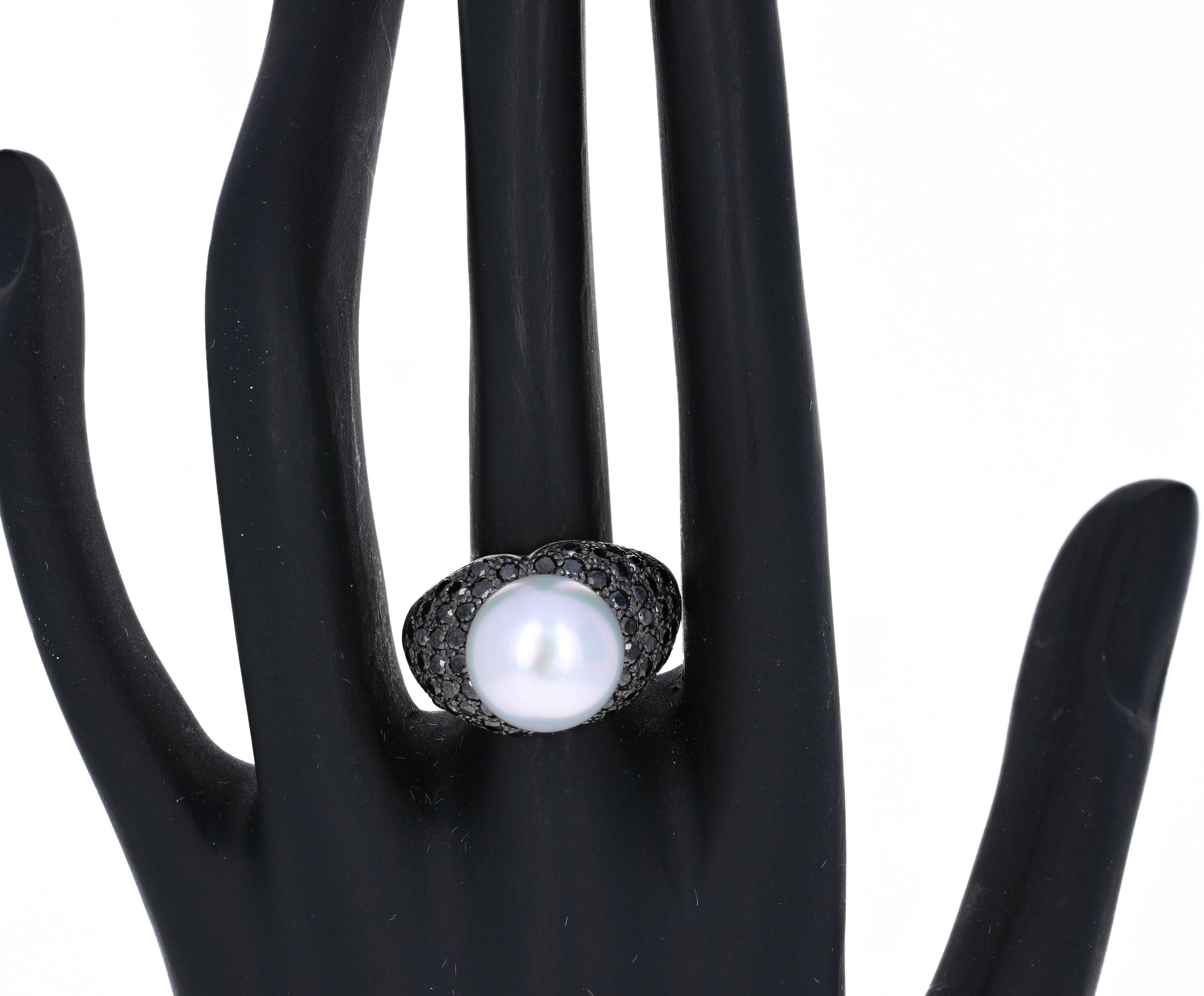 1.68 Carat South Sea Pearl Black Diamond Cocktail Ring In New Condition In Los Angeles, CA