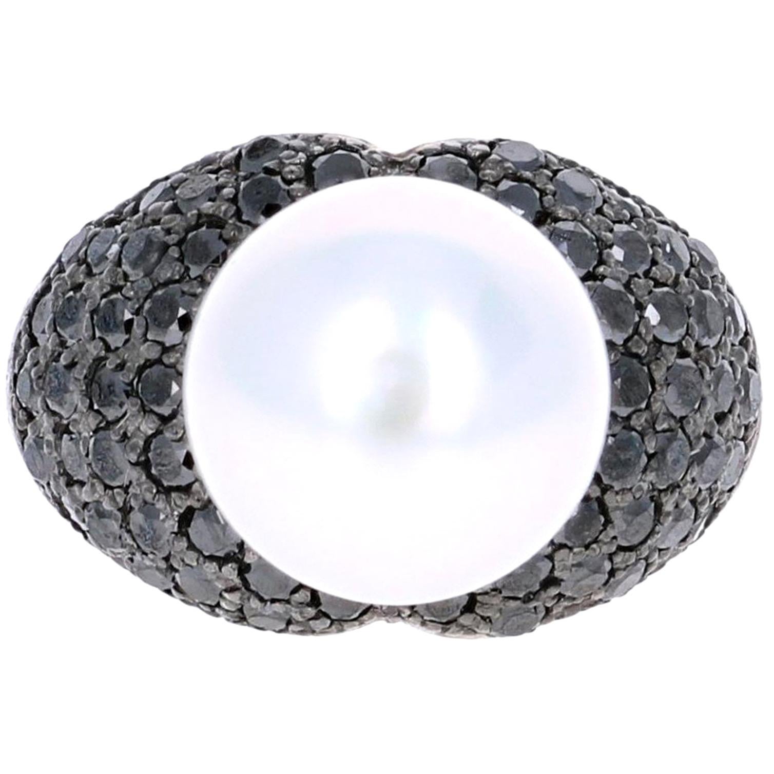 1.68 Carat South Sea Pearl Black Diamond Cocktail Ring