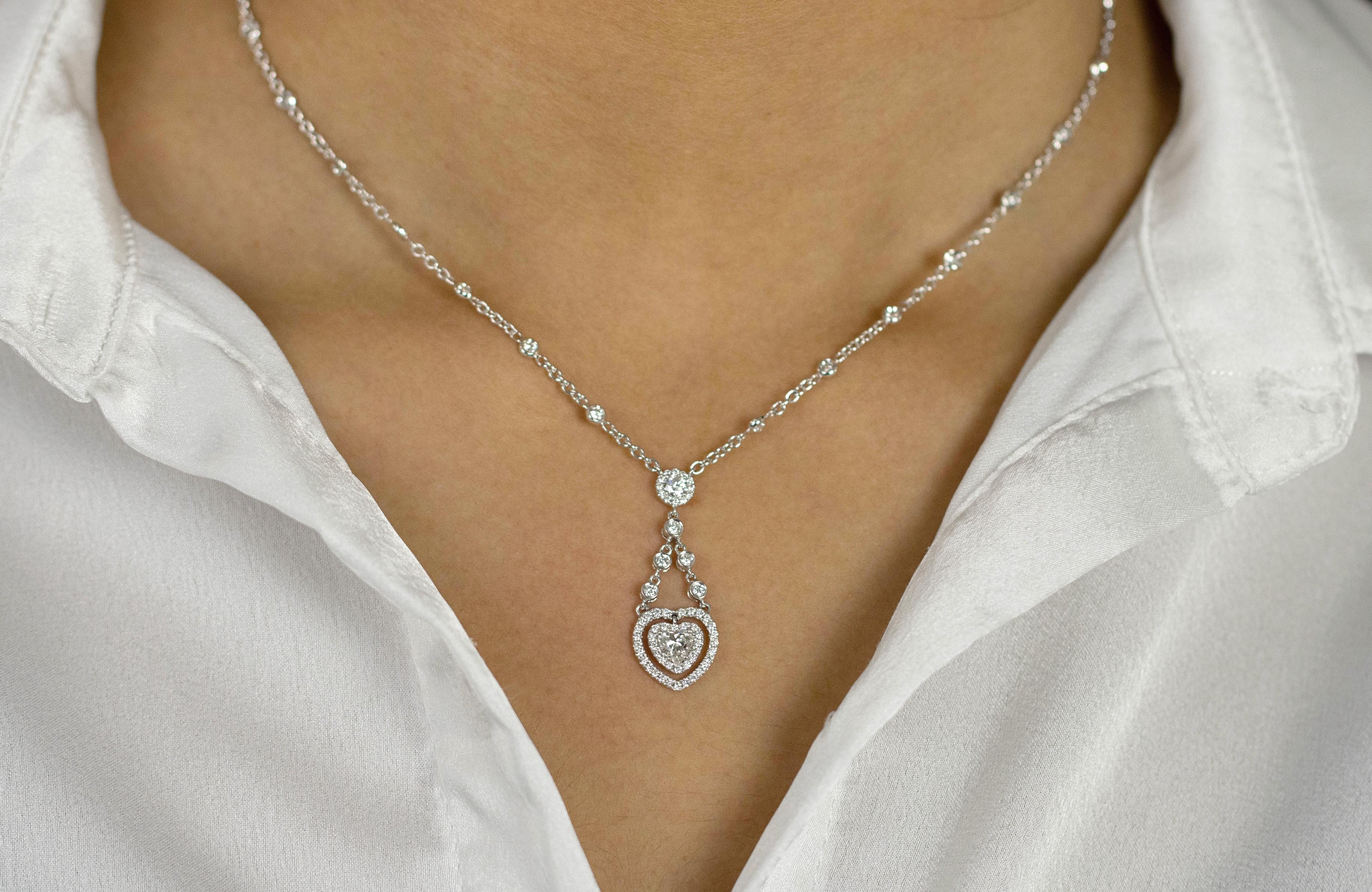 Women's 1.68 Carat Total Mixed Cut Diamond Open Work Heart Design Pendant Necklace  For Sale